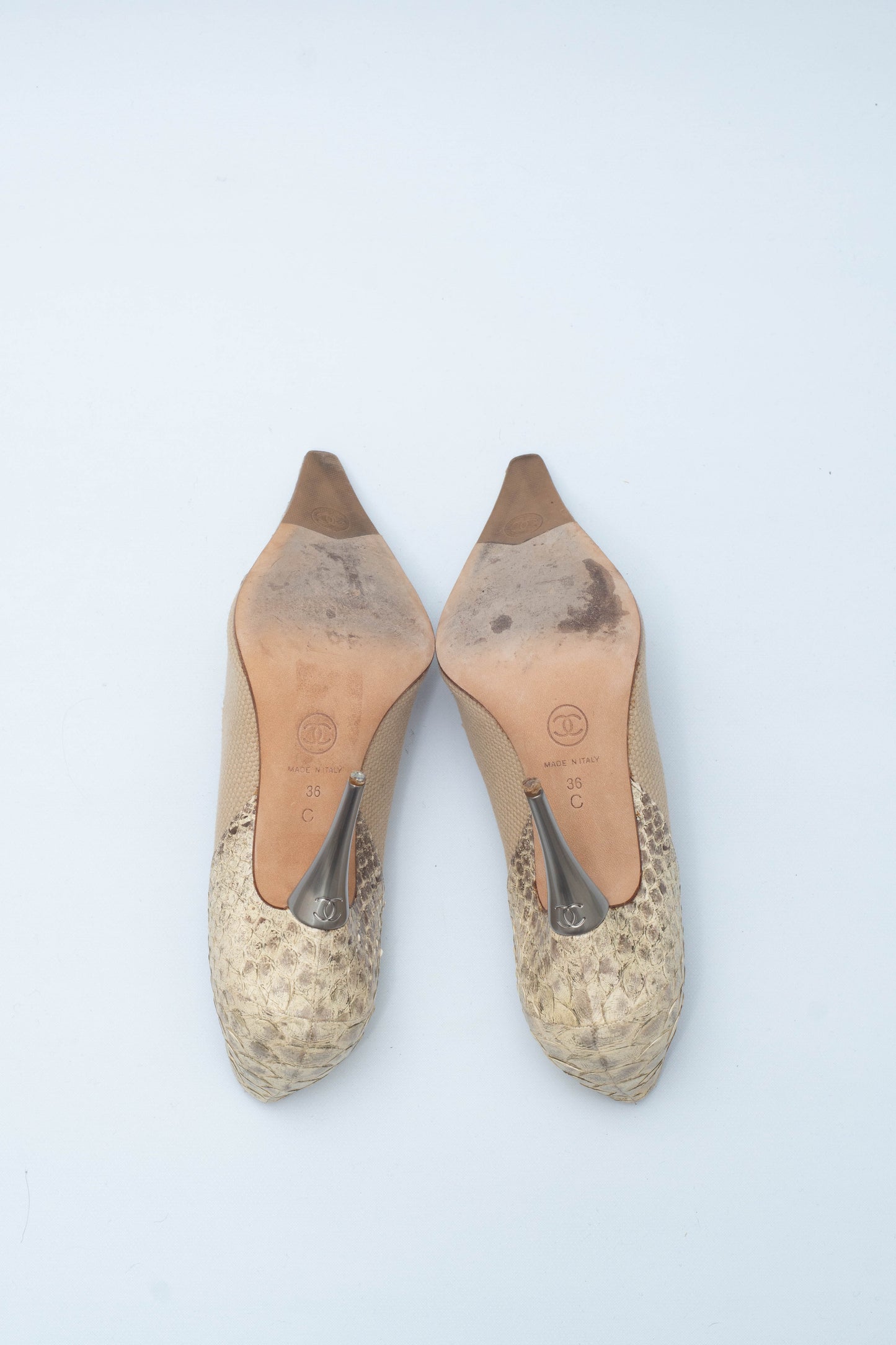 CHANEL SNAKE LEATHER AND CANVA DECOLLETE
