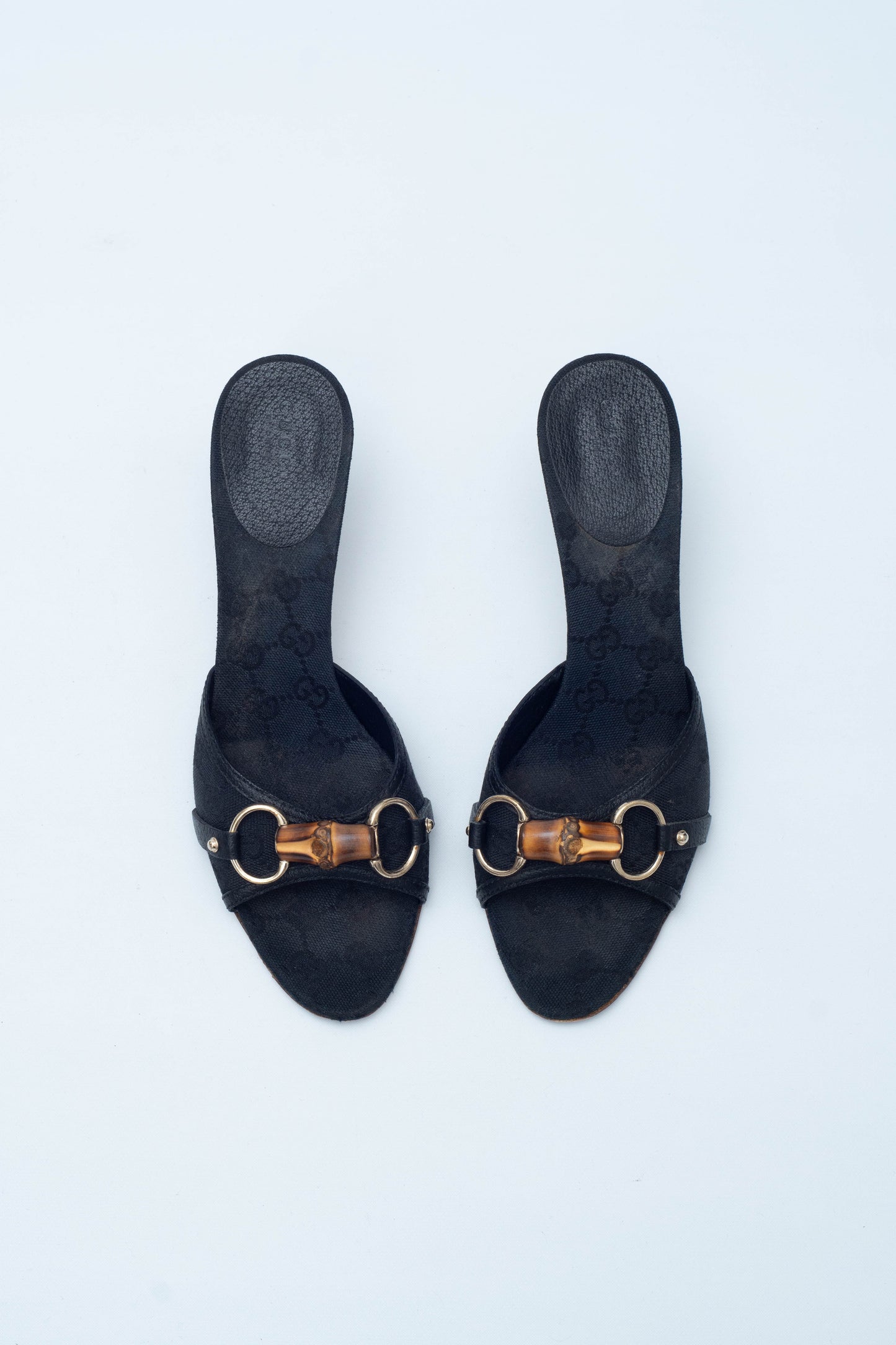 GUCCI BLACK MONOGRAM HORSEBIT MULES