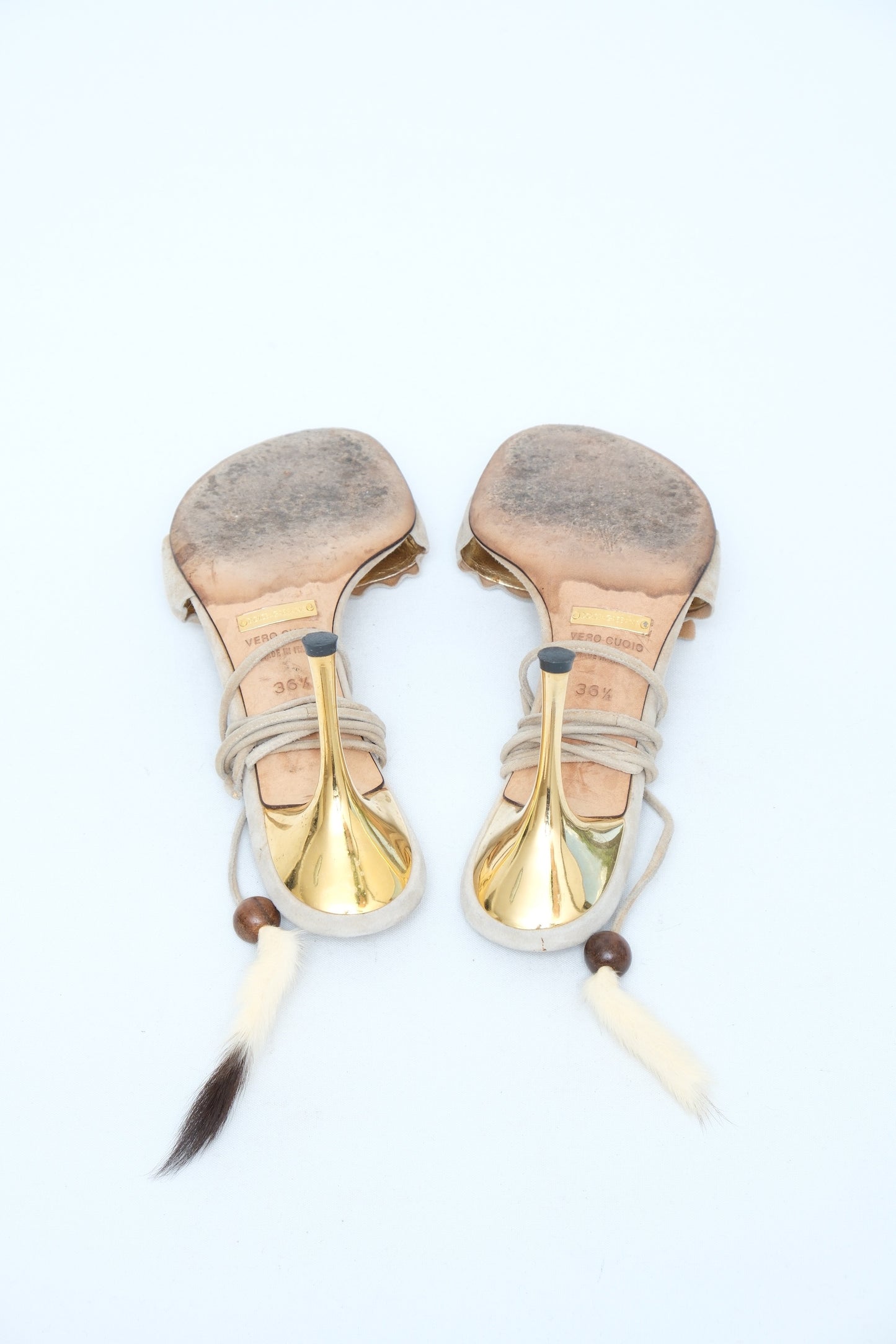 DOLCE & GABBANA BEIGE SUEDE FEATHER LACE-UP MULES