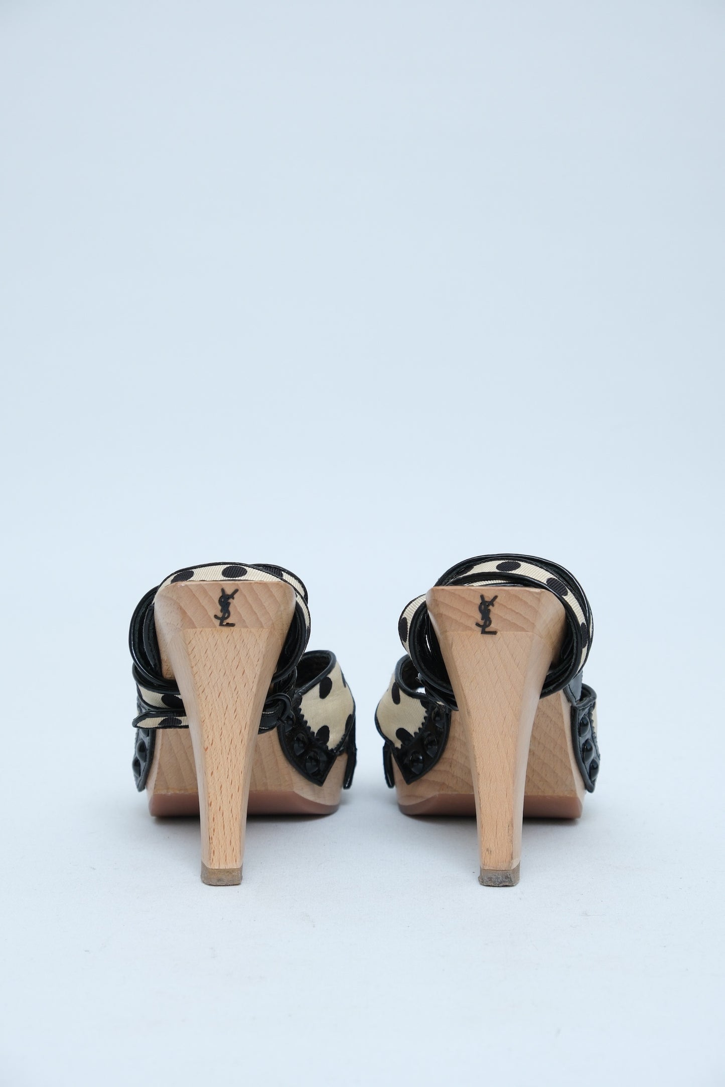YVES SAINT LAURENT BLACK & WHITE POLKA DOT WOOD PLATFORM SANDALS
