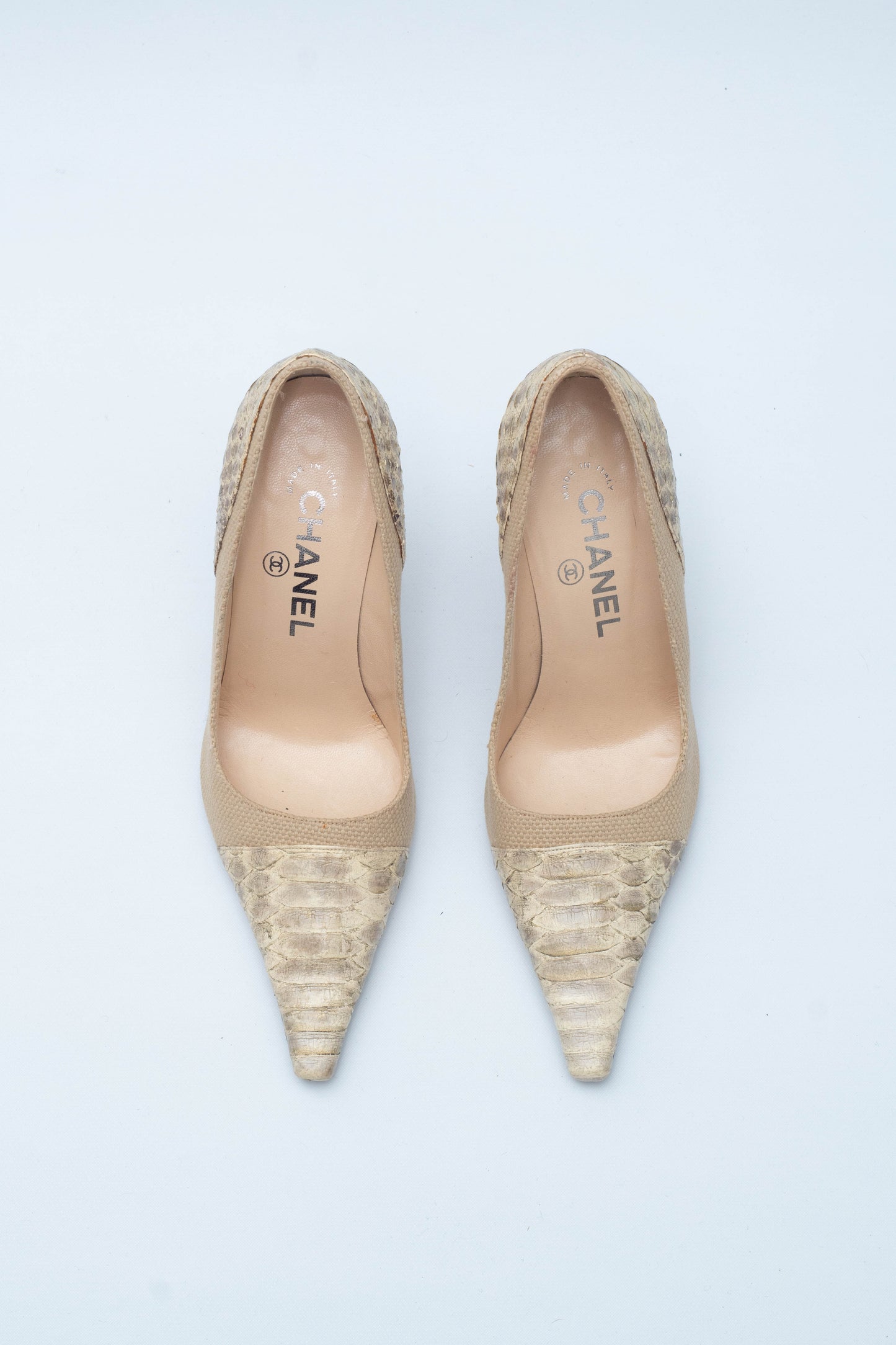 CHANEL SNAKE LEATHER AND CANVA DECOLLETE