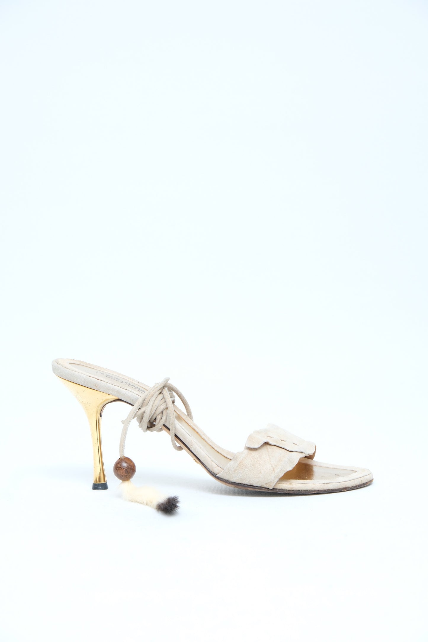 DOLCE & GABBANA BEIGE SUEDE FEATHER LACE-UP MULES
