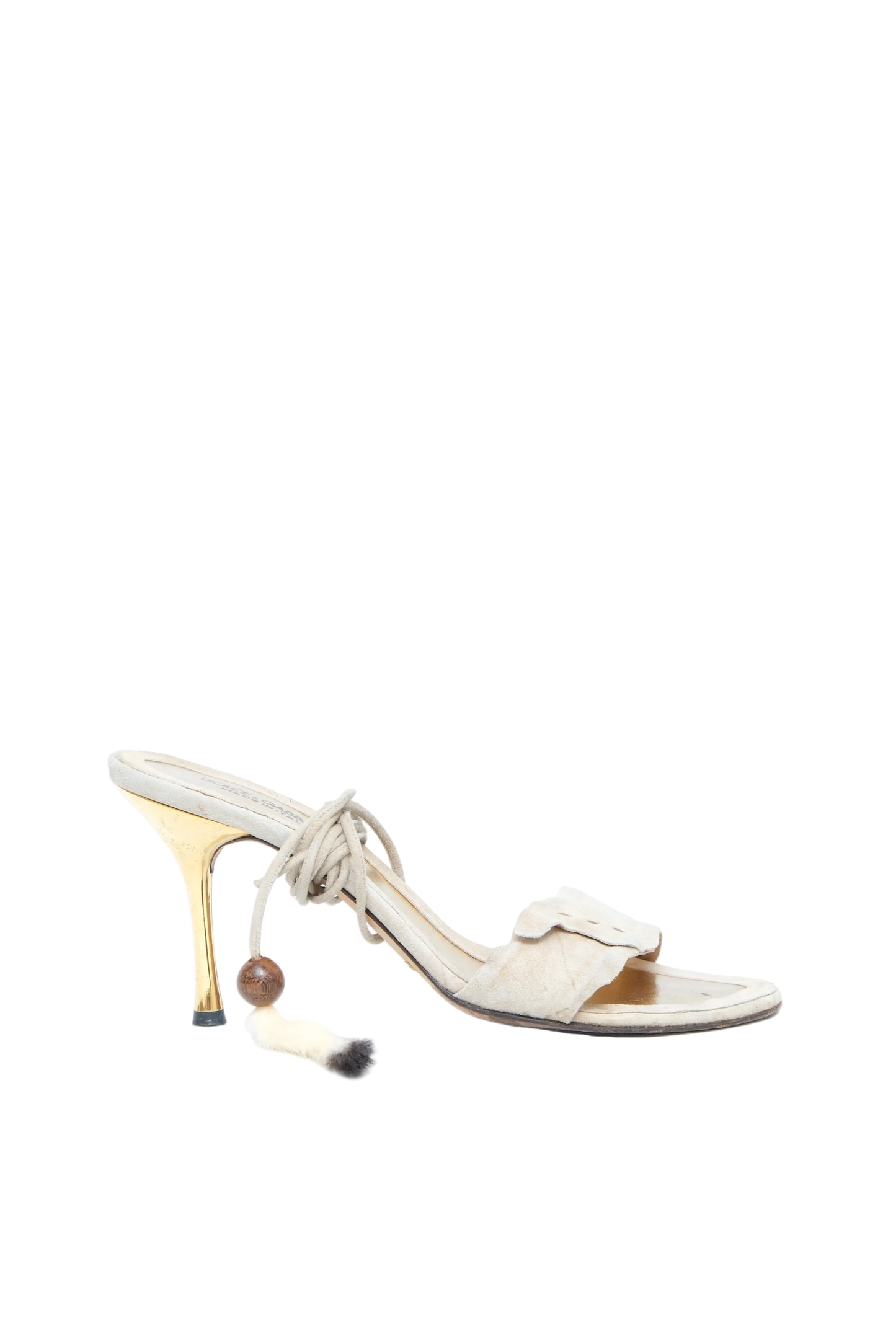 DOLCE & GABBANA BEIGE SUEDE FEATHER LACE-UP MULES