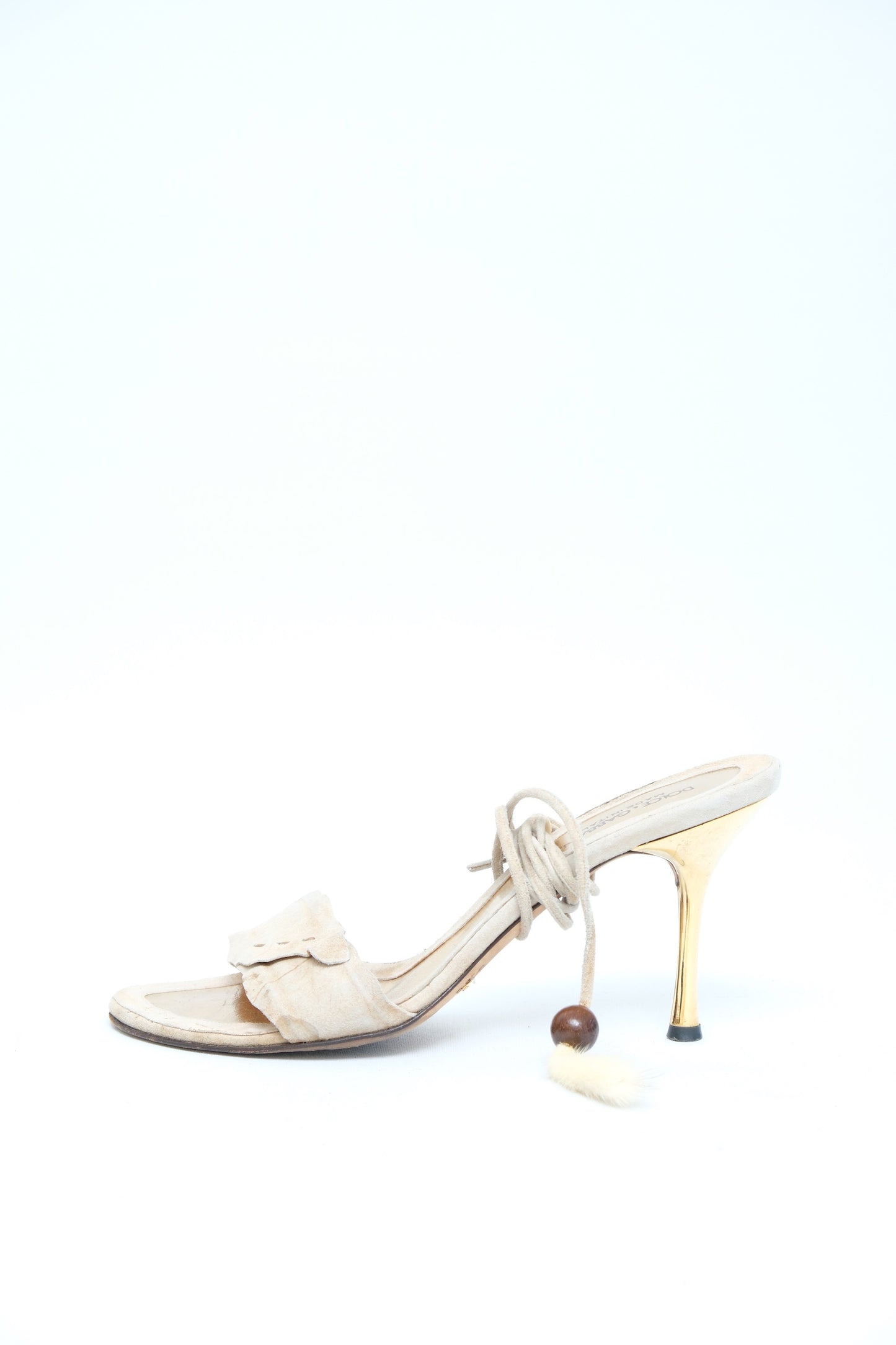 DOLCE & GABBANA BEIGE SUEDE FEATHER LACE-UP MULES