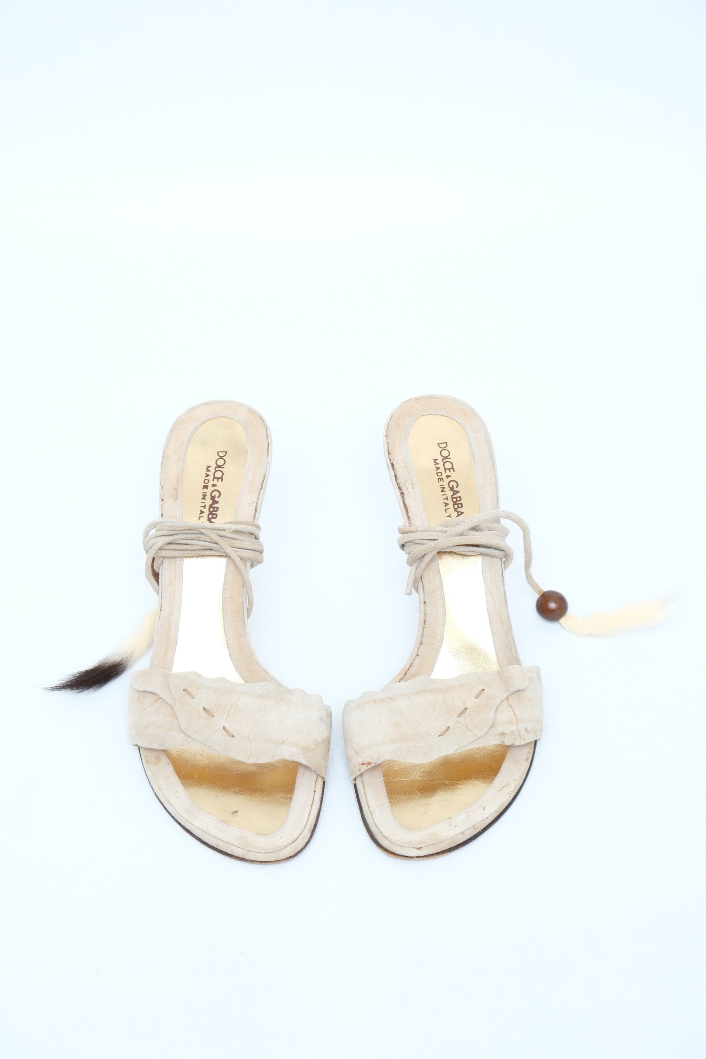 DOLCE & GABBANA BEIGE SUEDE FEATHER LACE-UP MULES