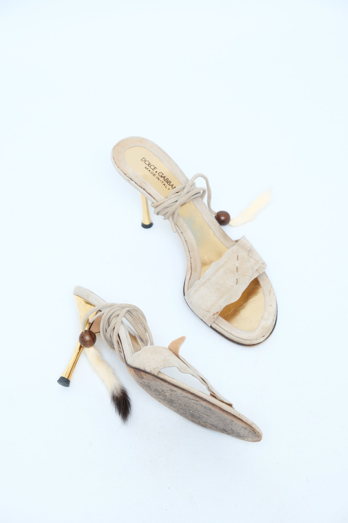 DOLCE & GABBANA BEIGE SUEDE FEATHER LACE-UP MULES