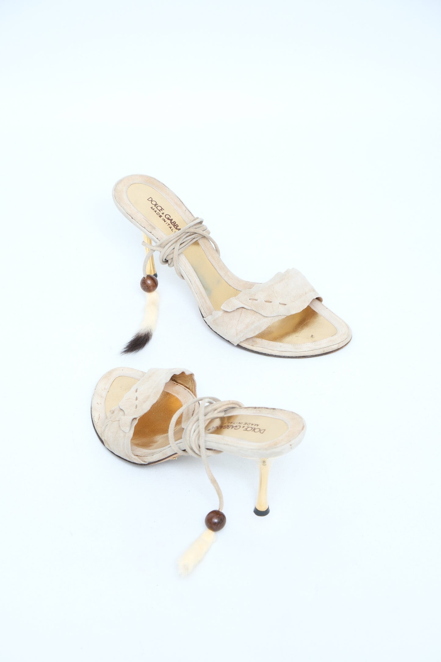 DOLCE & GABBANA BEIGE SUEDE FEATHER LACE-UP MULES