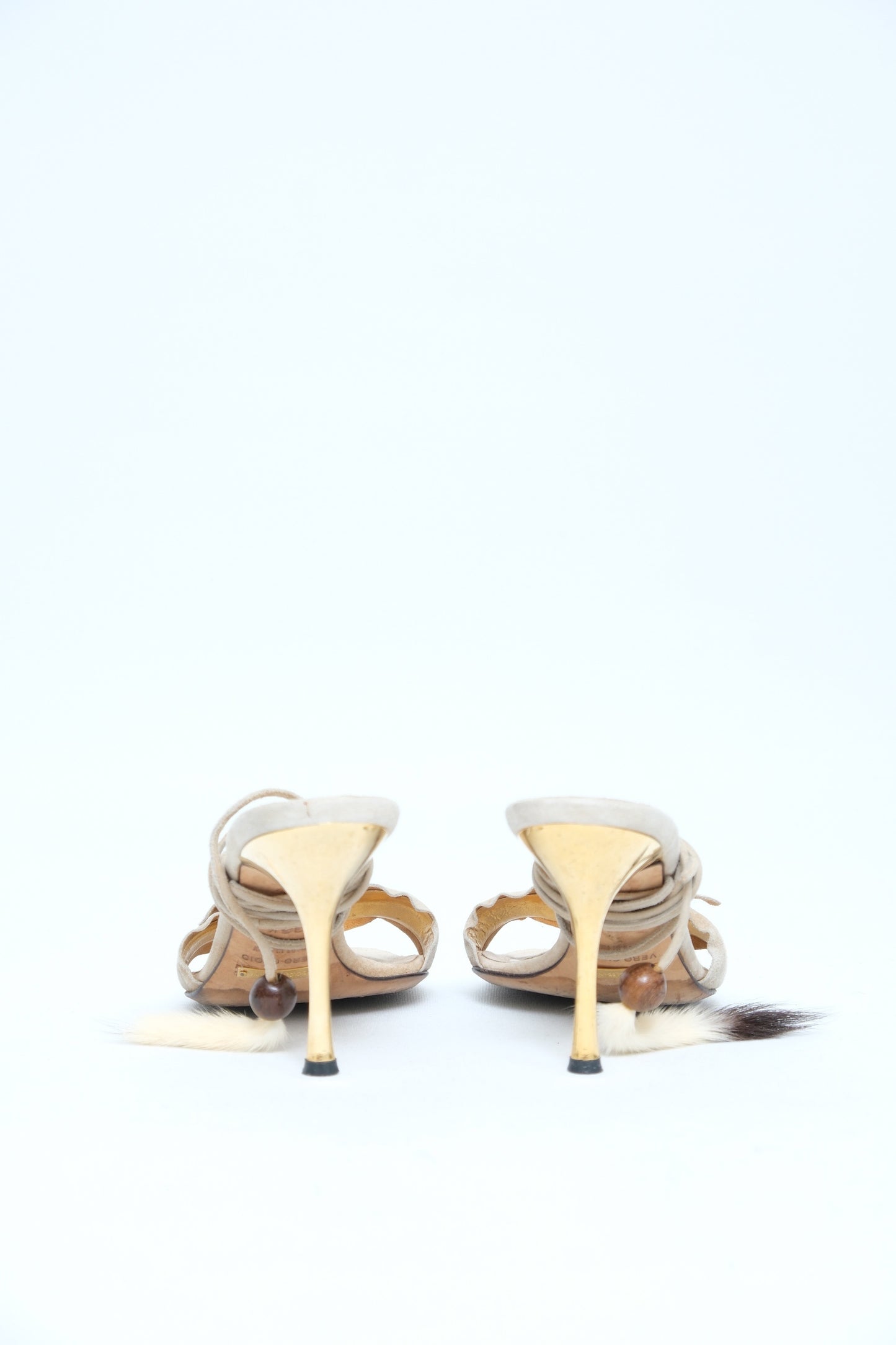 DOLCE & GABBANA BEIGE SUEDE FEATHER LACE-UP MULES