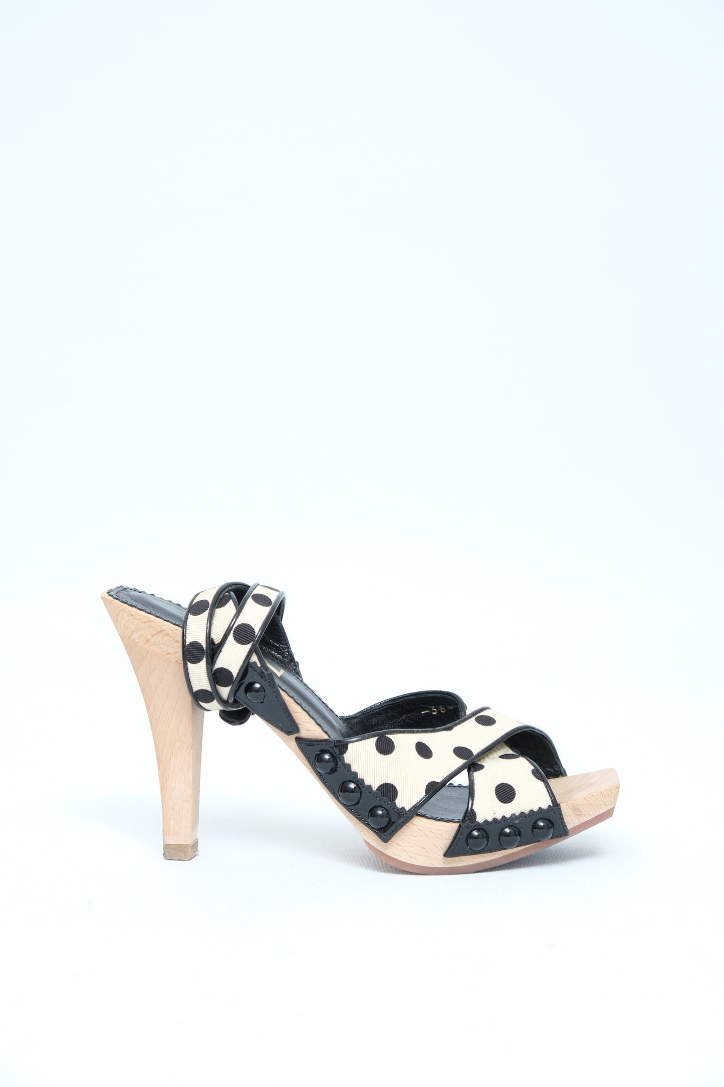YVES SAINT LAURENT BLACK & WHITE POLKA DOT WOOD PLATFORM SANDALS