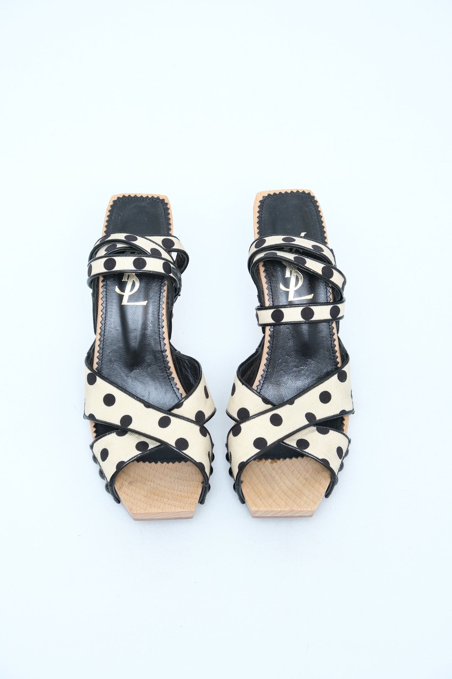 YVES SAINT LAURENT BLACK & WHITE POLKA DOT WOOD PLATFORM SANDALS