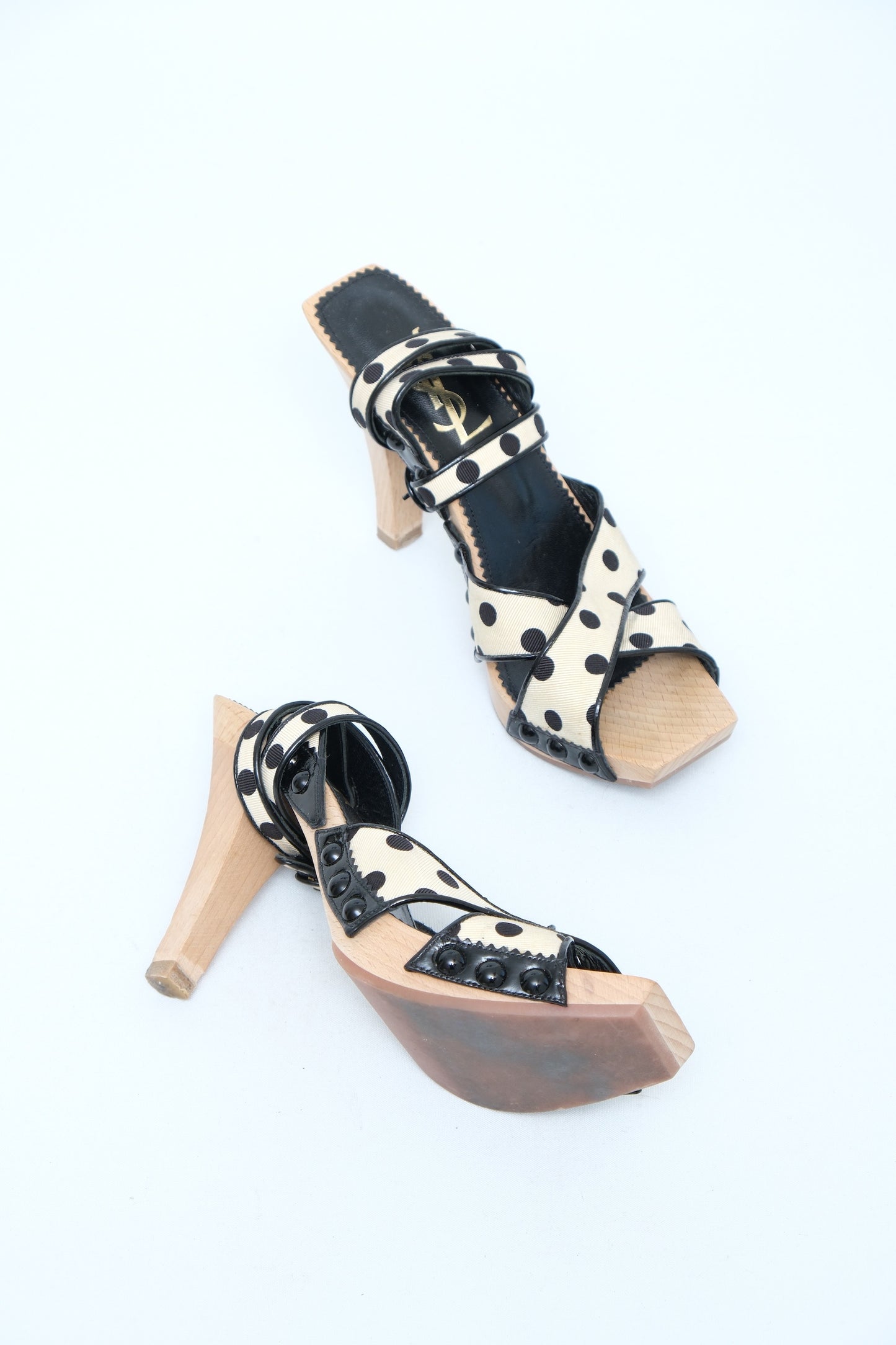 YVES SAINT LAURENT BLACK & WHITE POLKA DOT WOOD PLATFORM SANDALS