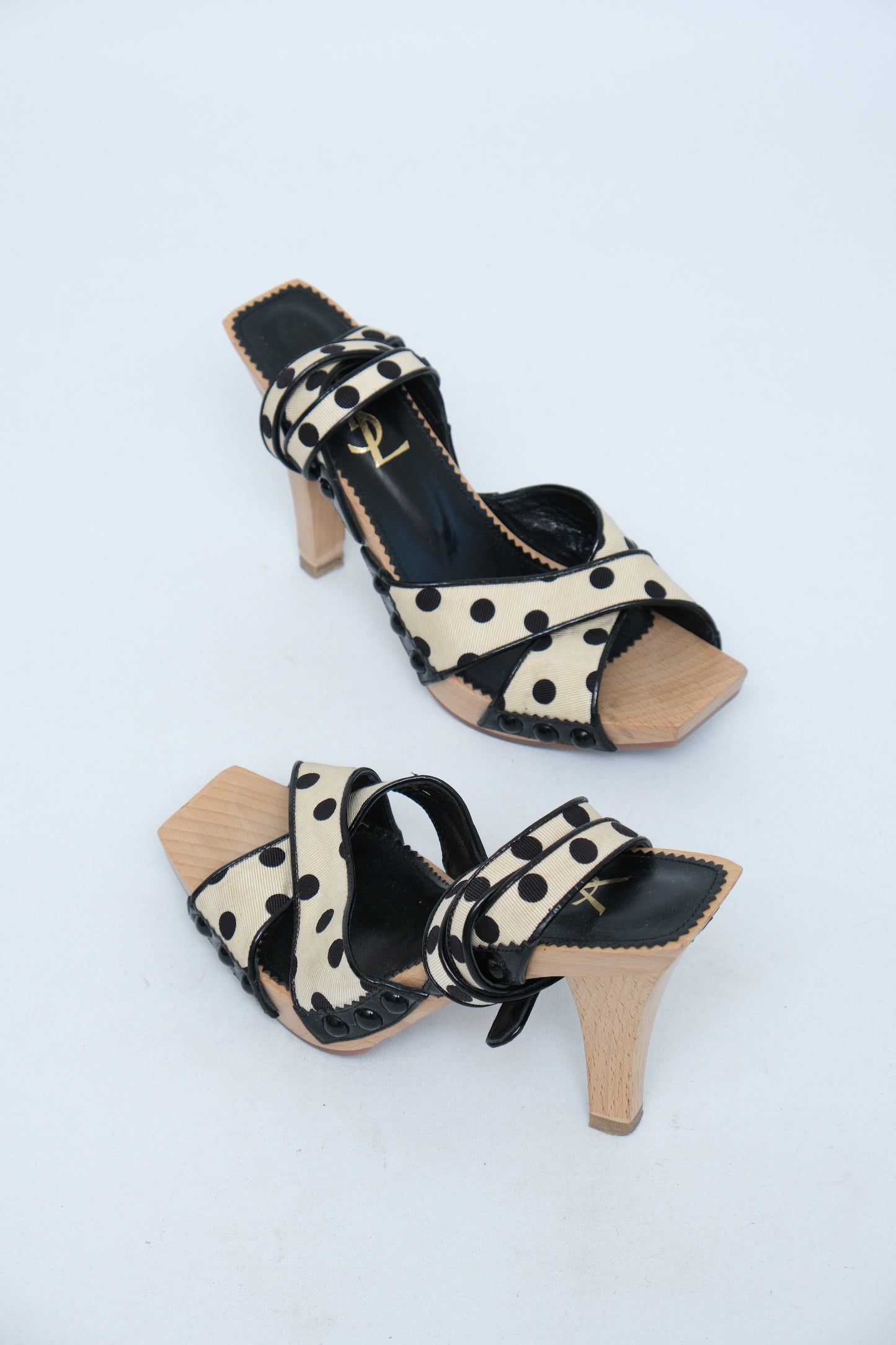 YVES SAINT LAURENT BLACK & WHITE POLKA DOT WOOD PLATFORM SANDALS