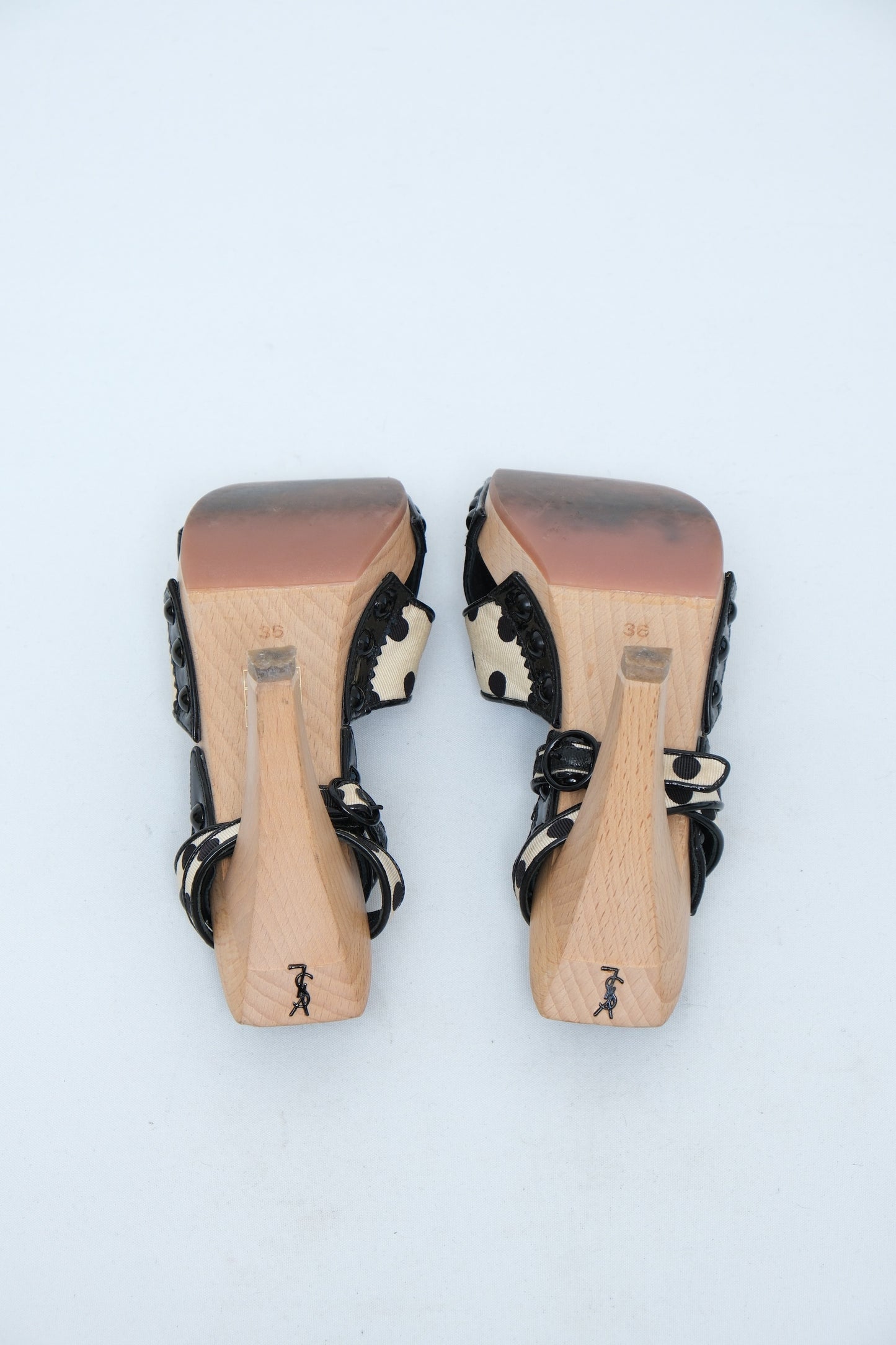 YVES SAINT LAURENT BLACK & WHITE POLKA DOT WOOD PLATFORM SANDALS