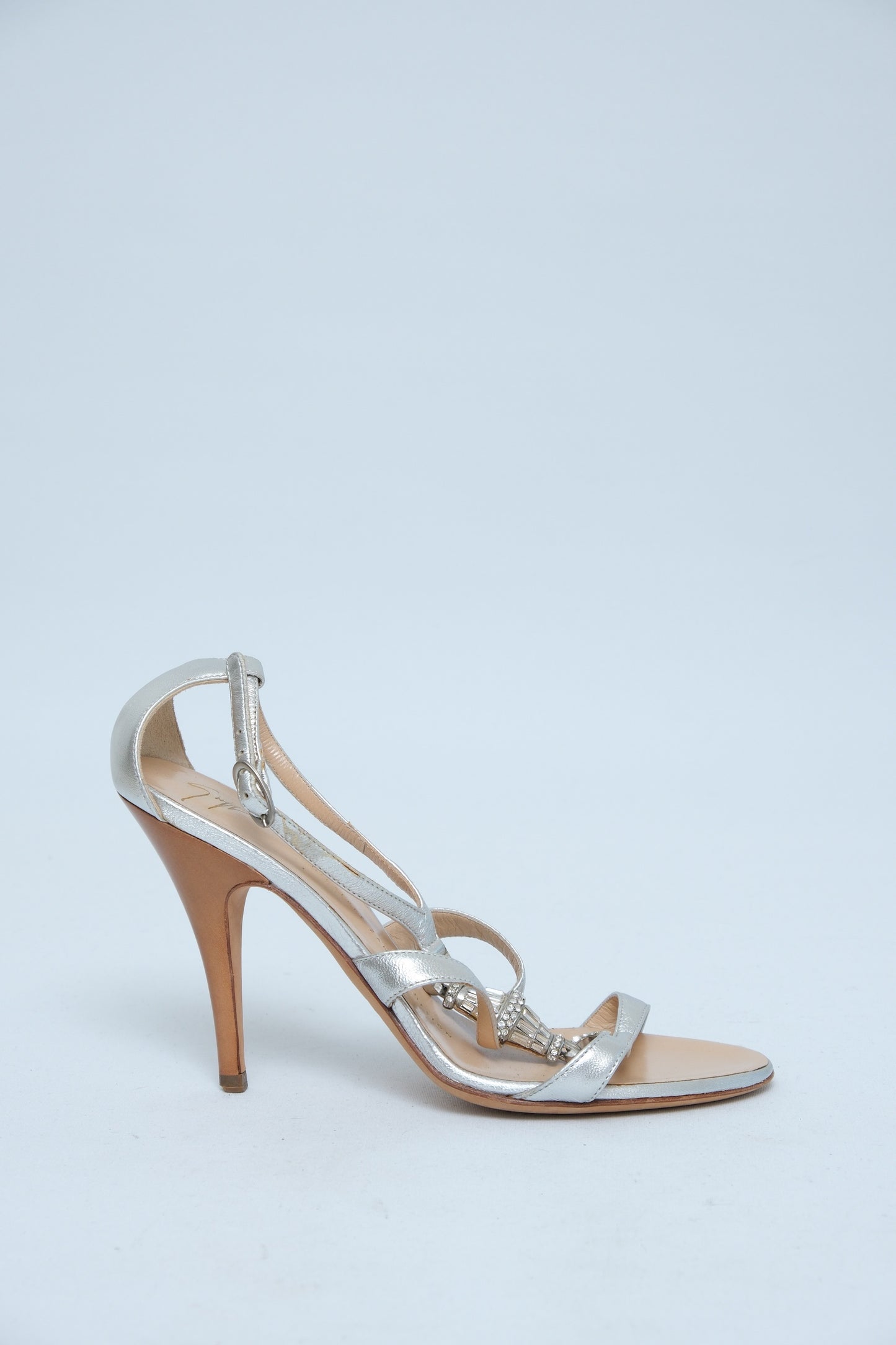 GIUSEPPE ZANOTTI SILVER CRYSTAL T-STRAP SANDALS