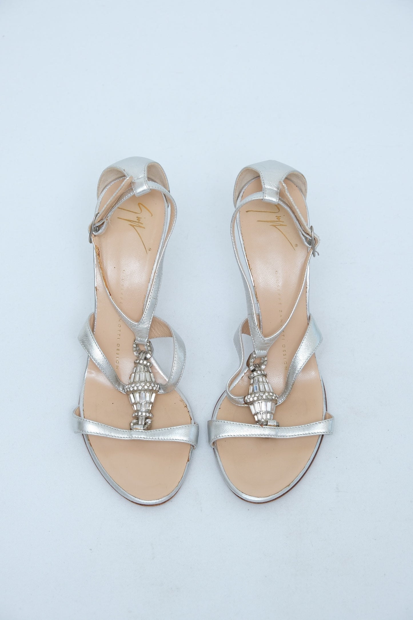 GIUSEPPE ZANOTTI SILVER CRYSTAL T-STRAP SANDALS