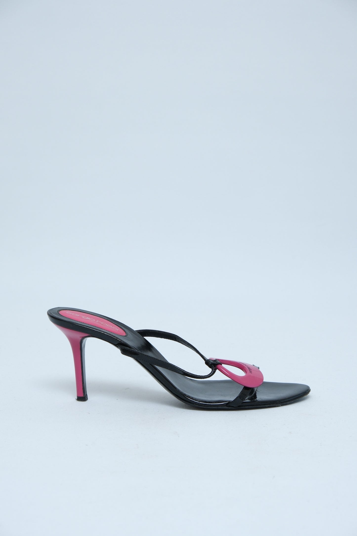 SERGIO ROSSI BLACK & PINK PATENT LEATHER MULE HEELS