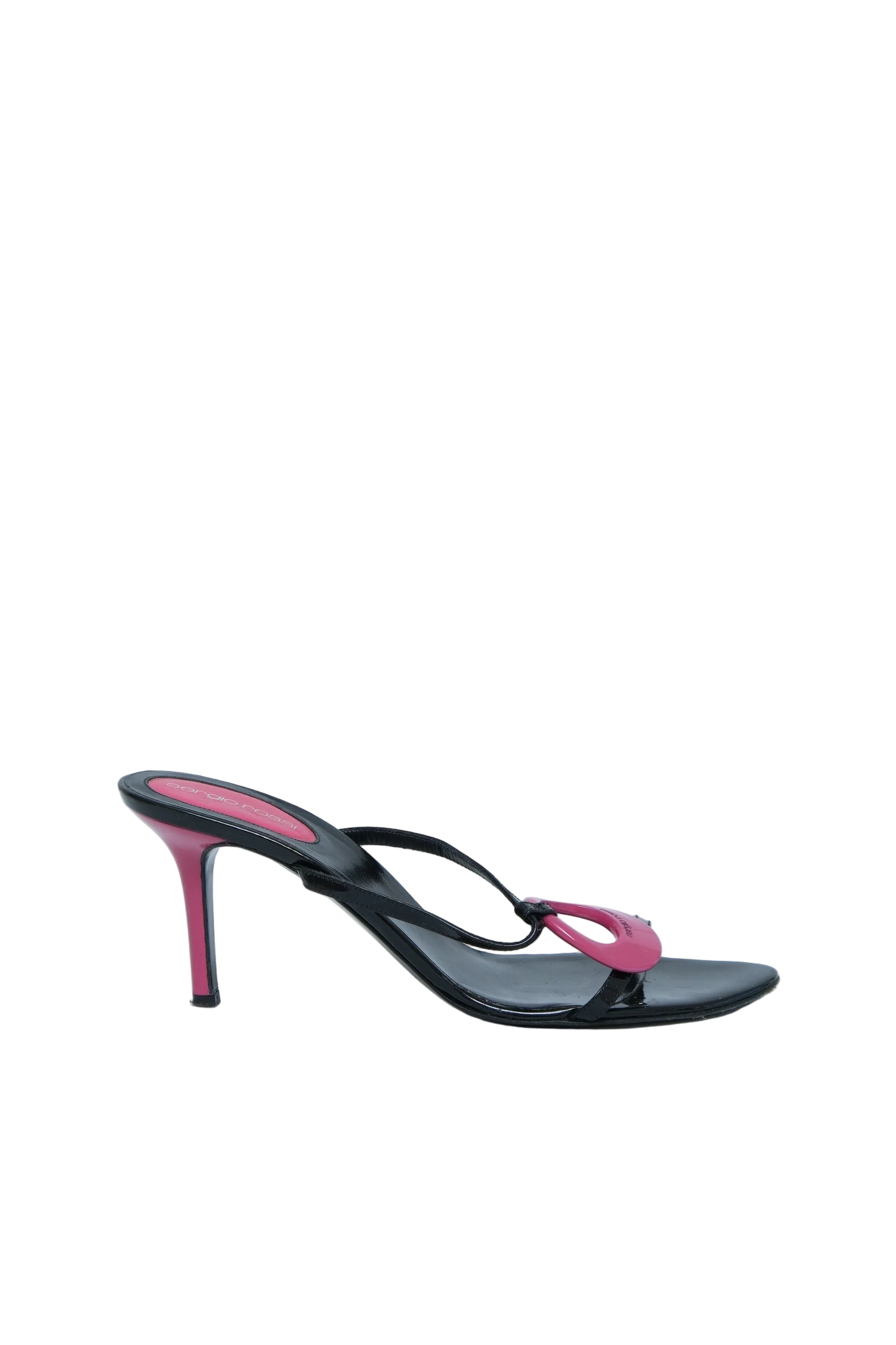 A single black leather high-heeled sandal with a slim stiletto heel and a pink decorative loop detail on the toe strap, shown against a light gray background.