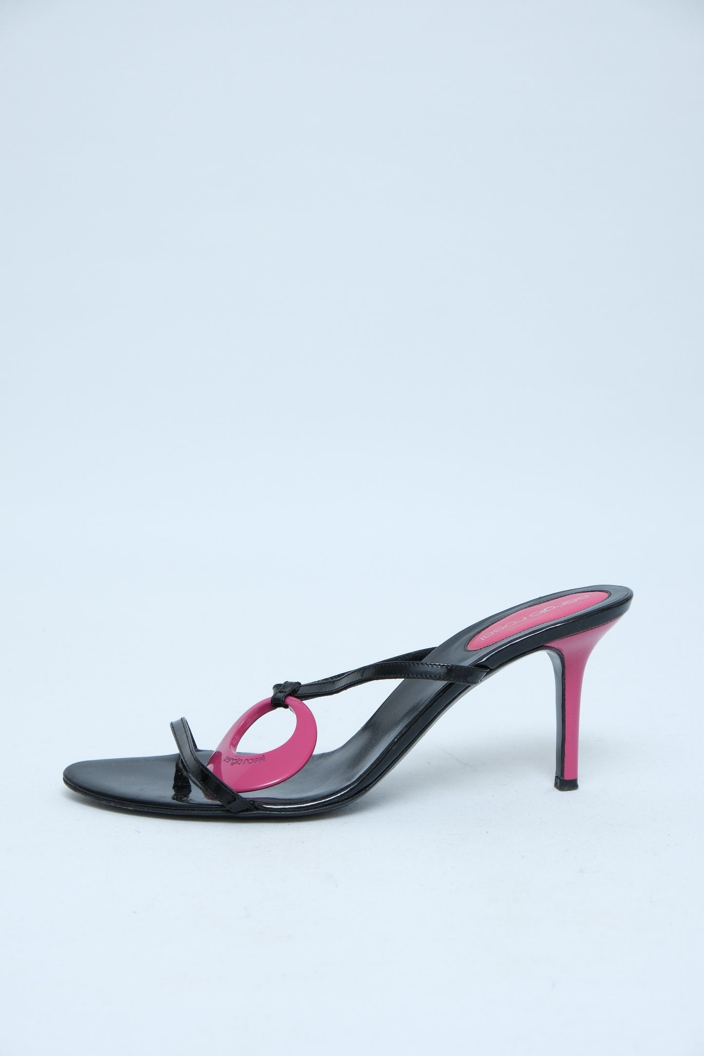 SERGIO ROSSI BLACK & PINK PATENT LEATHER MULE HEELS