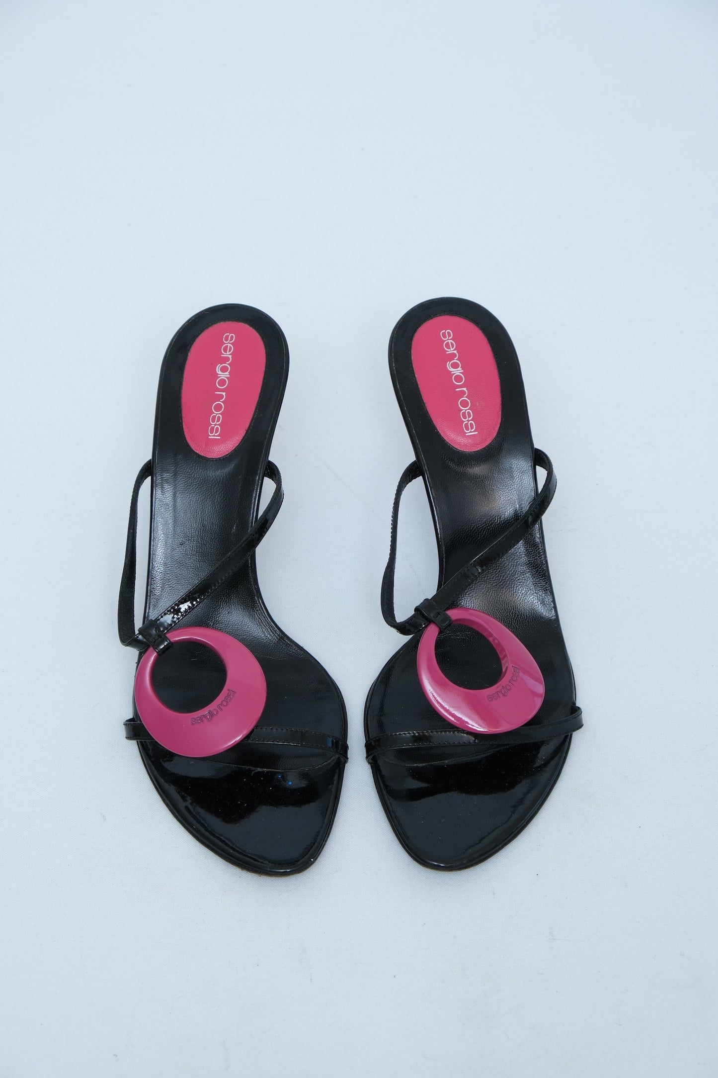 SERGIO ROSSI BLACK & PINK PATENT LEATHER MULE HEELS