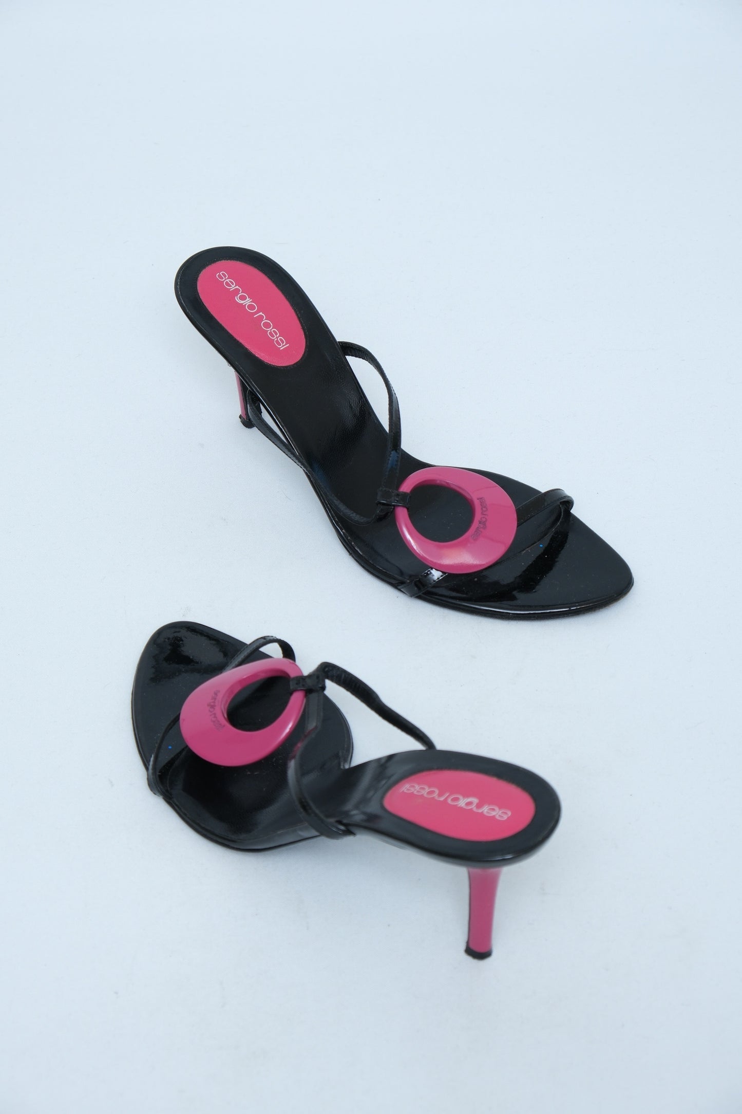 SERGIO ROSSI BLACK & PINK PATENT LEATHER MULE HEELS