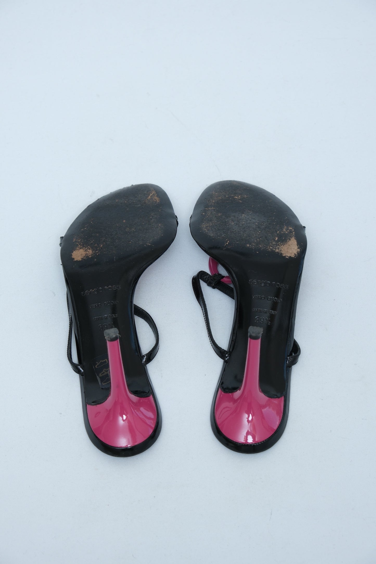 SERGIO ROSSI BLACK & PINK PATENT LEATHER MULE HEELS