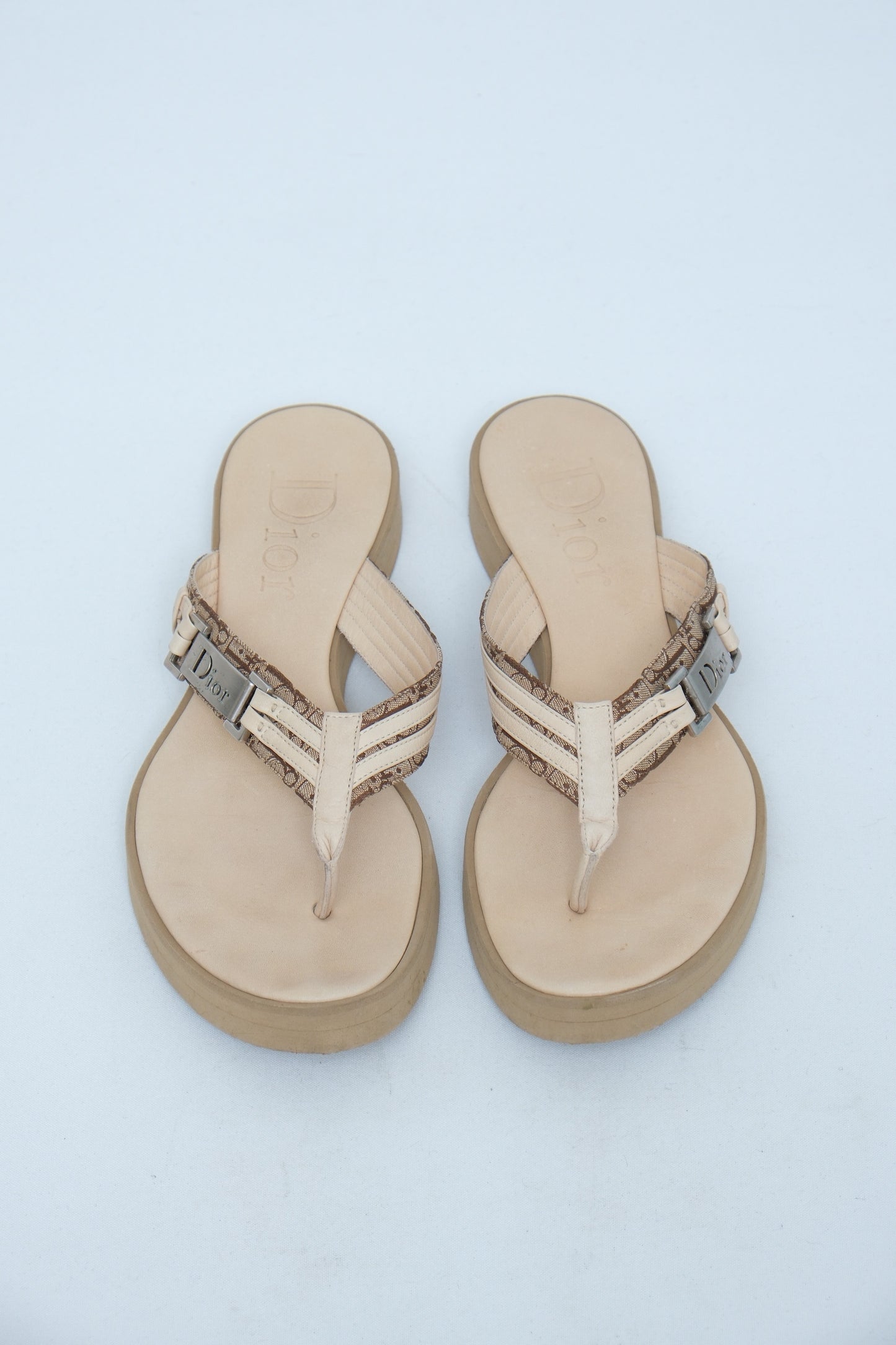 DIOR BEIGE MONOGRAM WEDGE THONG SANDALS