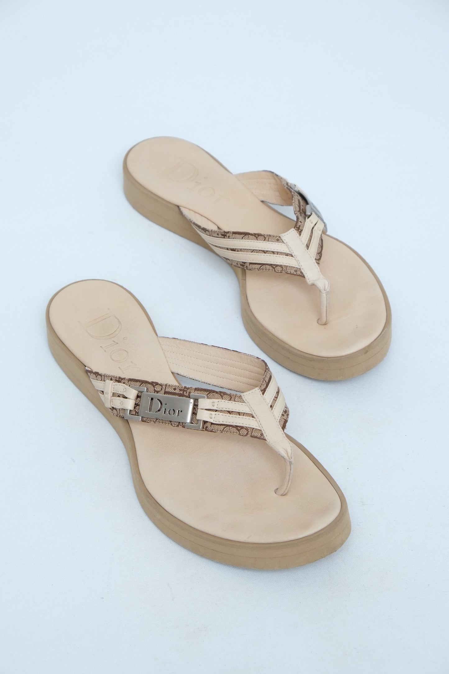 DIOR BEIGE MONOGRAM WEDGE THONG SANDALS