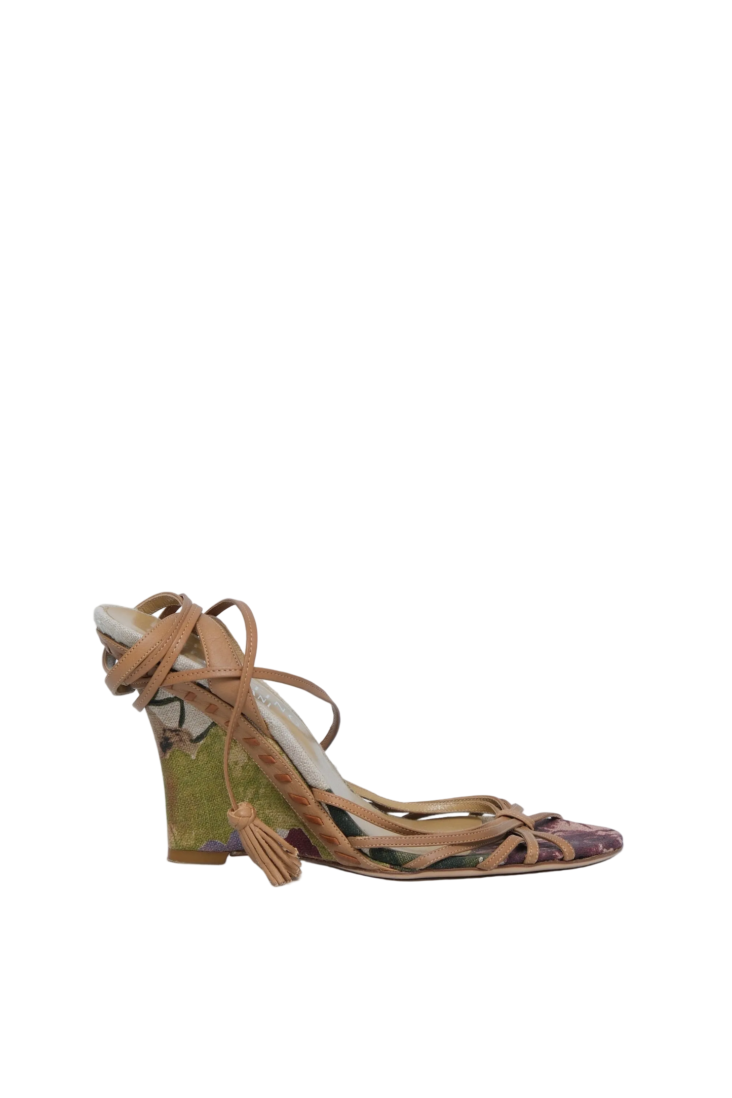 A single women's strappy sandal with a chunky block heel, featuring tan leather straps and a patterned heel counter in olive green, black, and purple, set against a plain light gray background.