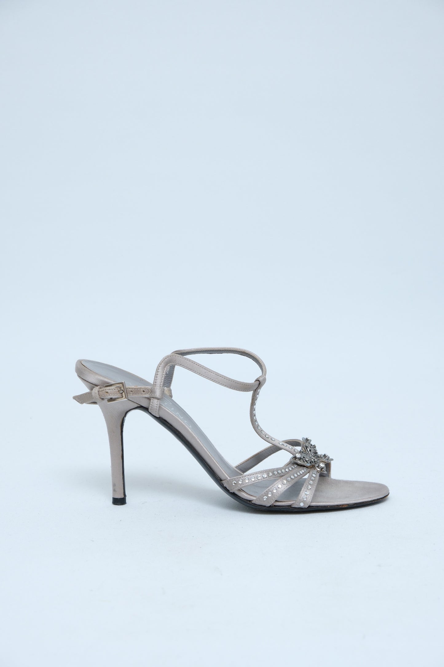 VALENTINO GARAVANI SS 2004 GREY CRYSTAL BUTTERFLY T-STRAP SANDALS