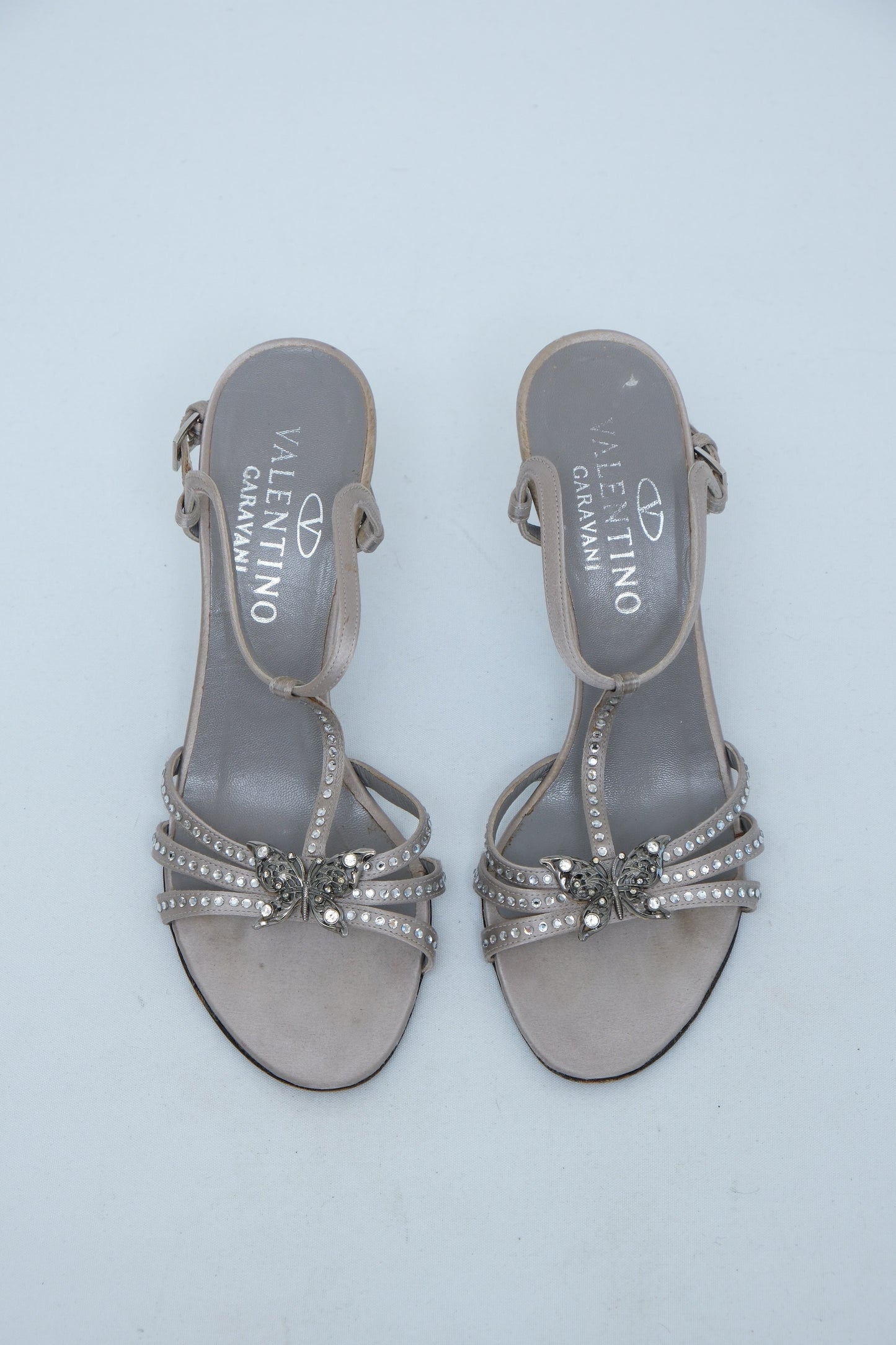 VALENTINO GARAVANI SS 2004 GREY CRYSTAL BUTTERFLY T-STRAP SANDALS