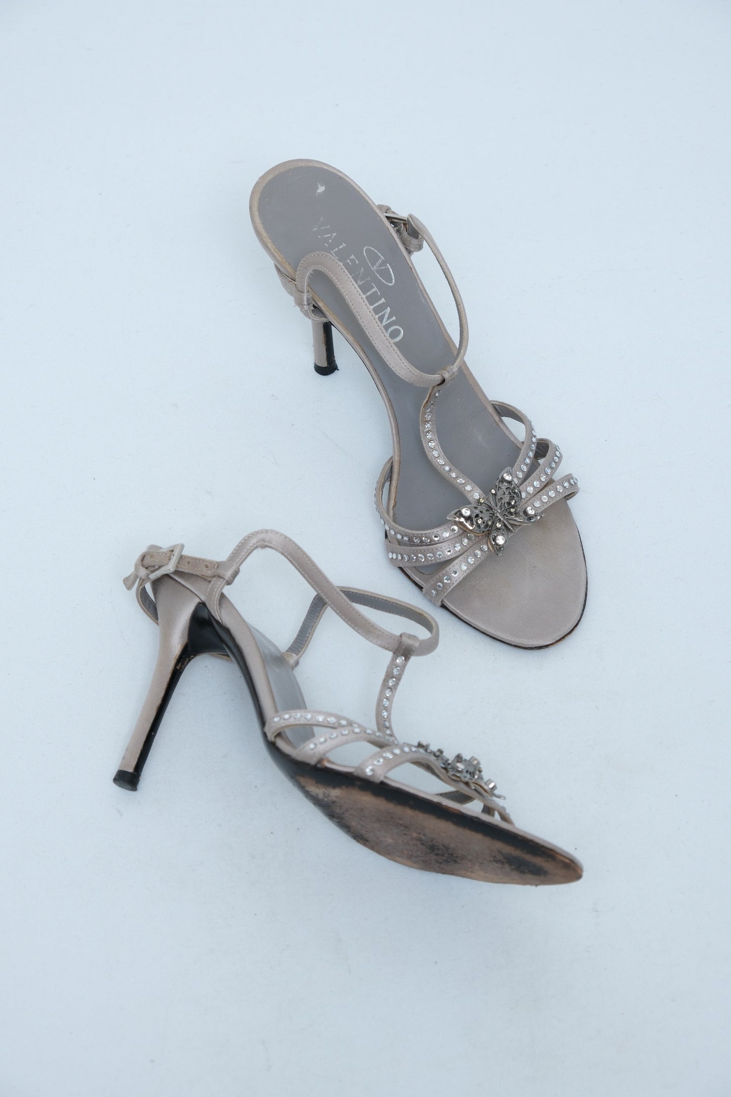 VALENTINO GARAVANI SS 2004 GREY CRYSTAL BUTTERFLY T-STRAP SANDALS