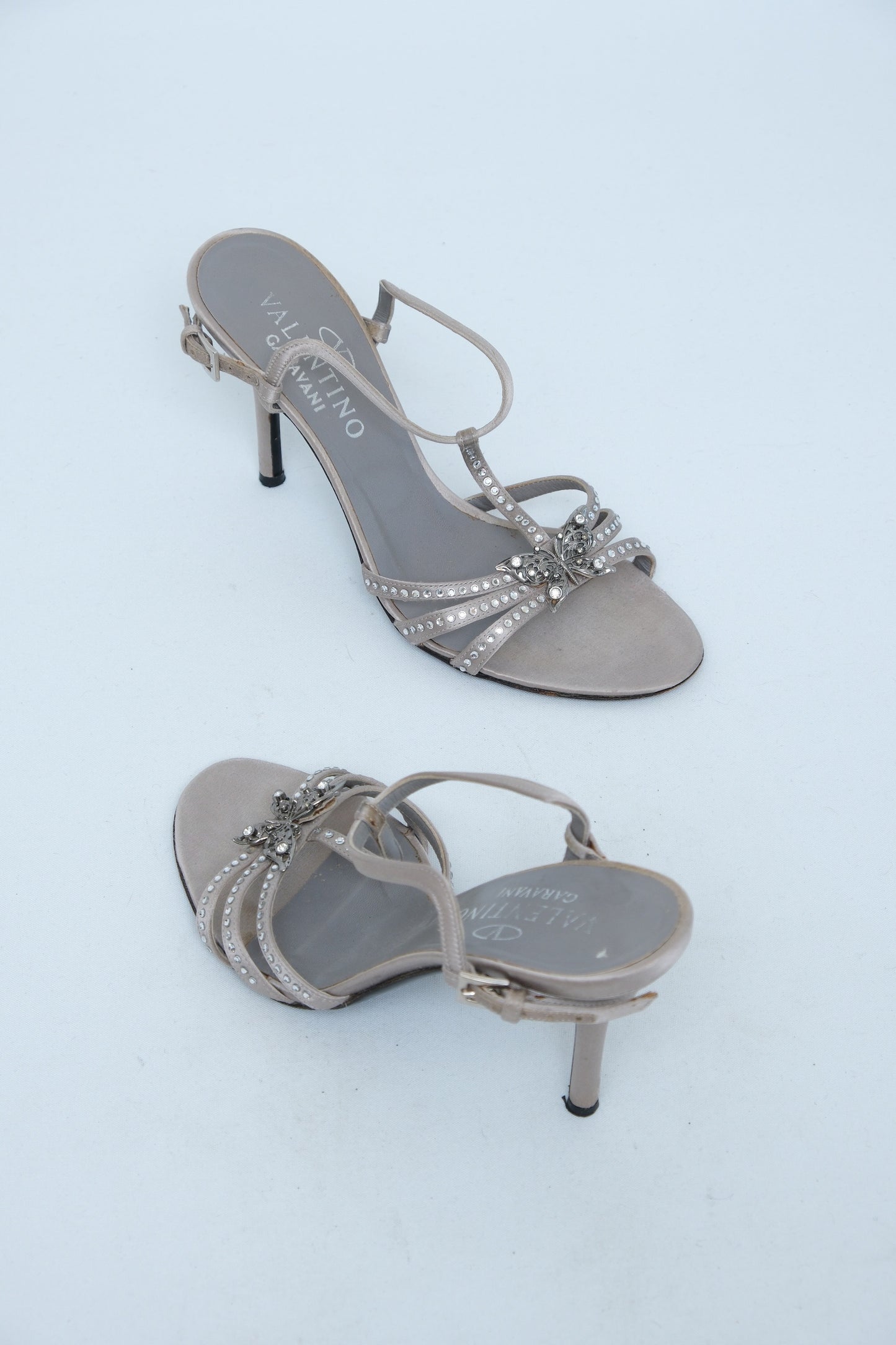 VALENTINO GARAVANI SS 2004 GREY CRYSTAL BUTTERFLY T-STRAP SANDALS