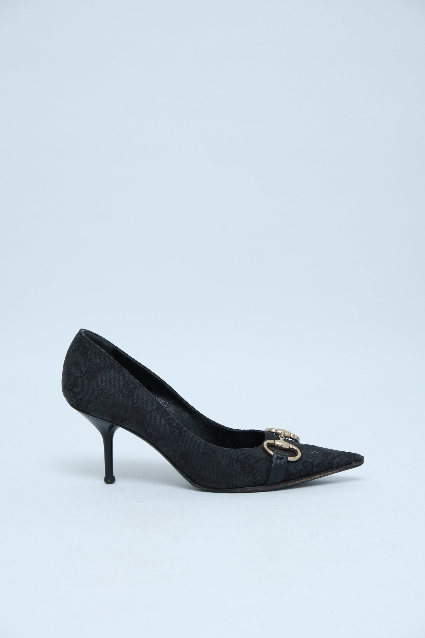 GUCCI BLACK GG CANVAS HORSEBIT PUMPS