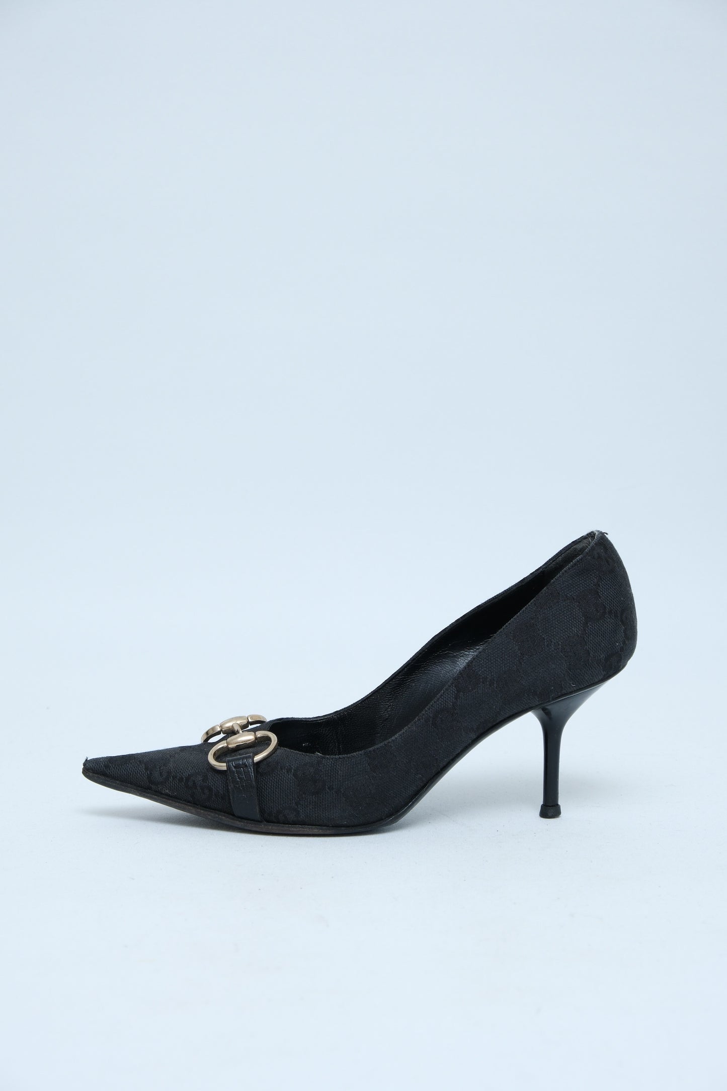 GUCCI BLACK GG CANVAS HORSEBIT PUMPS