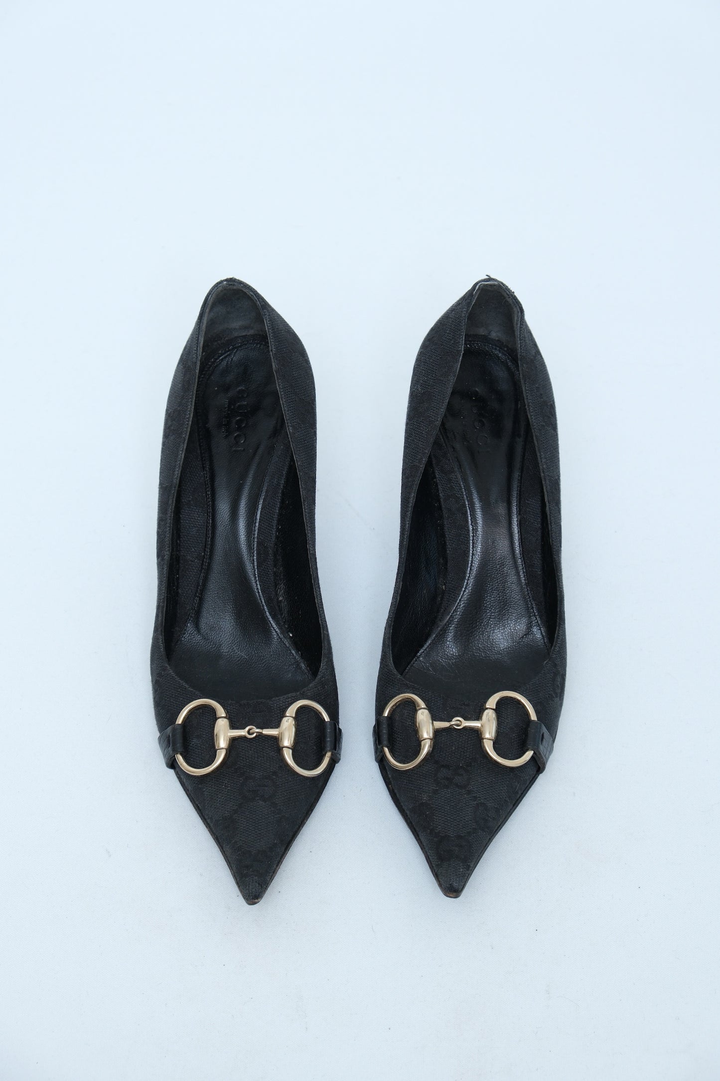 GUCCI BLACK GG CANVAS HORSEBIT PUMPS