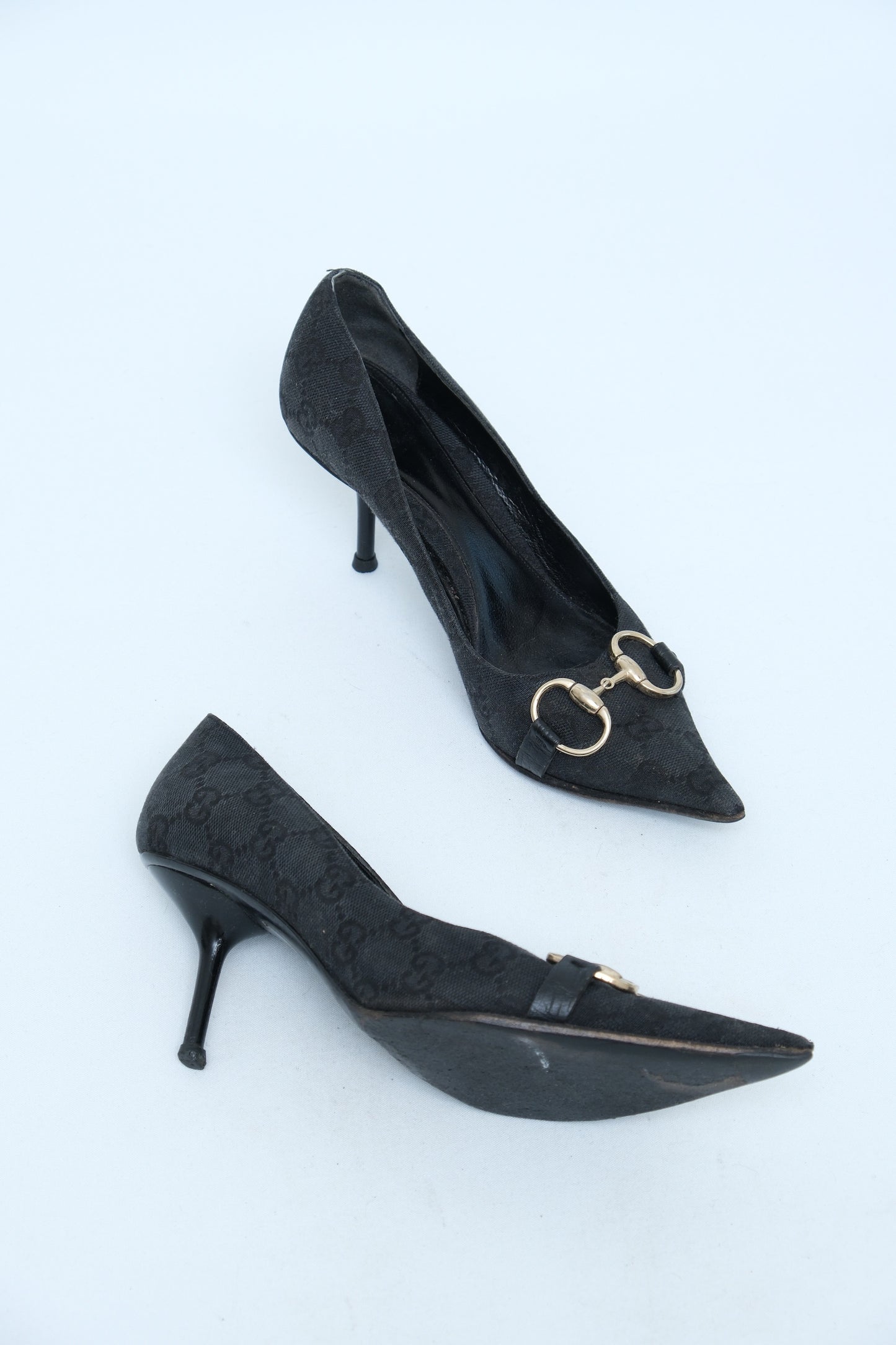 GUCCI BLACK GG CANVAS HORSEBIT PUMPS