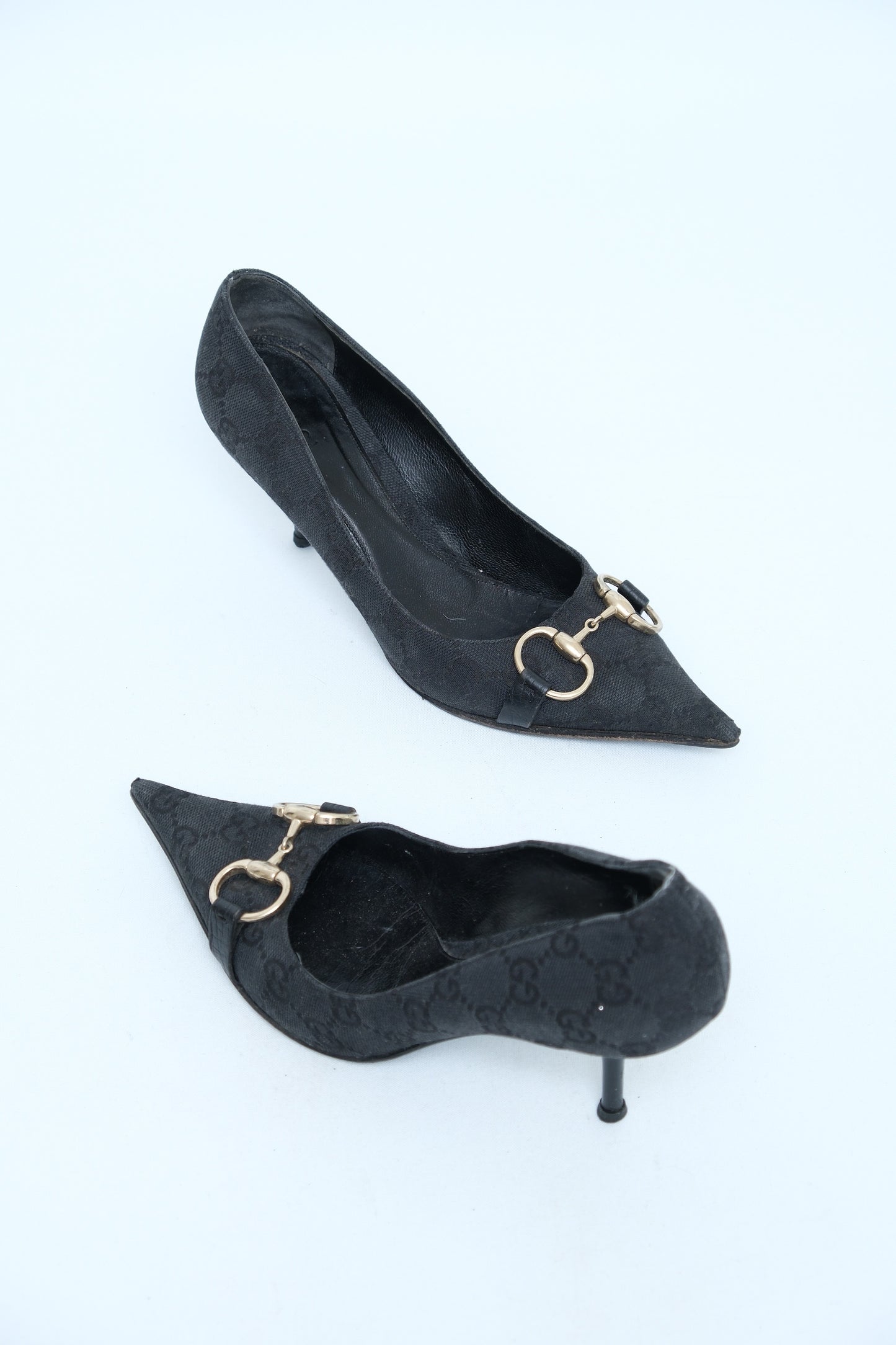 GUCCI BLACK GG CANVAS HORSEBIT PUMPS