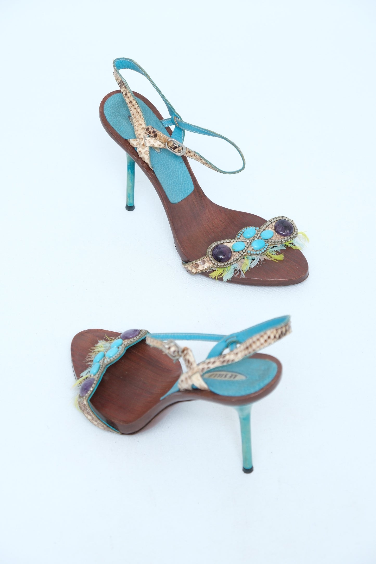 RENÉ CAOVILLA TURQUOISE SNAKESKIN SLINGBACK SANDALS