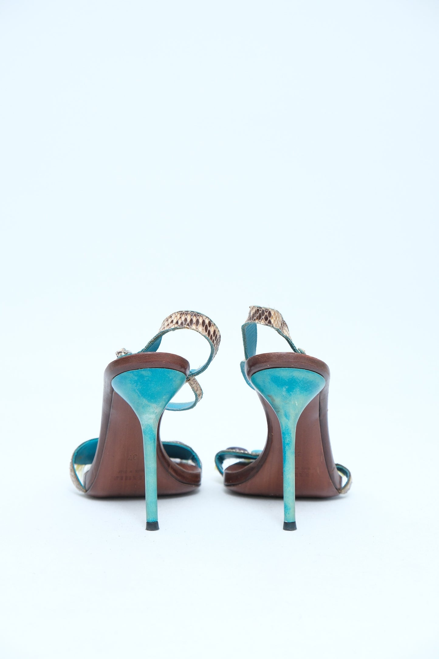 RENÉ CAOVILLA TURQUOISE SNAKESKIN SLINGBACK SANDALS