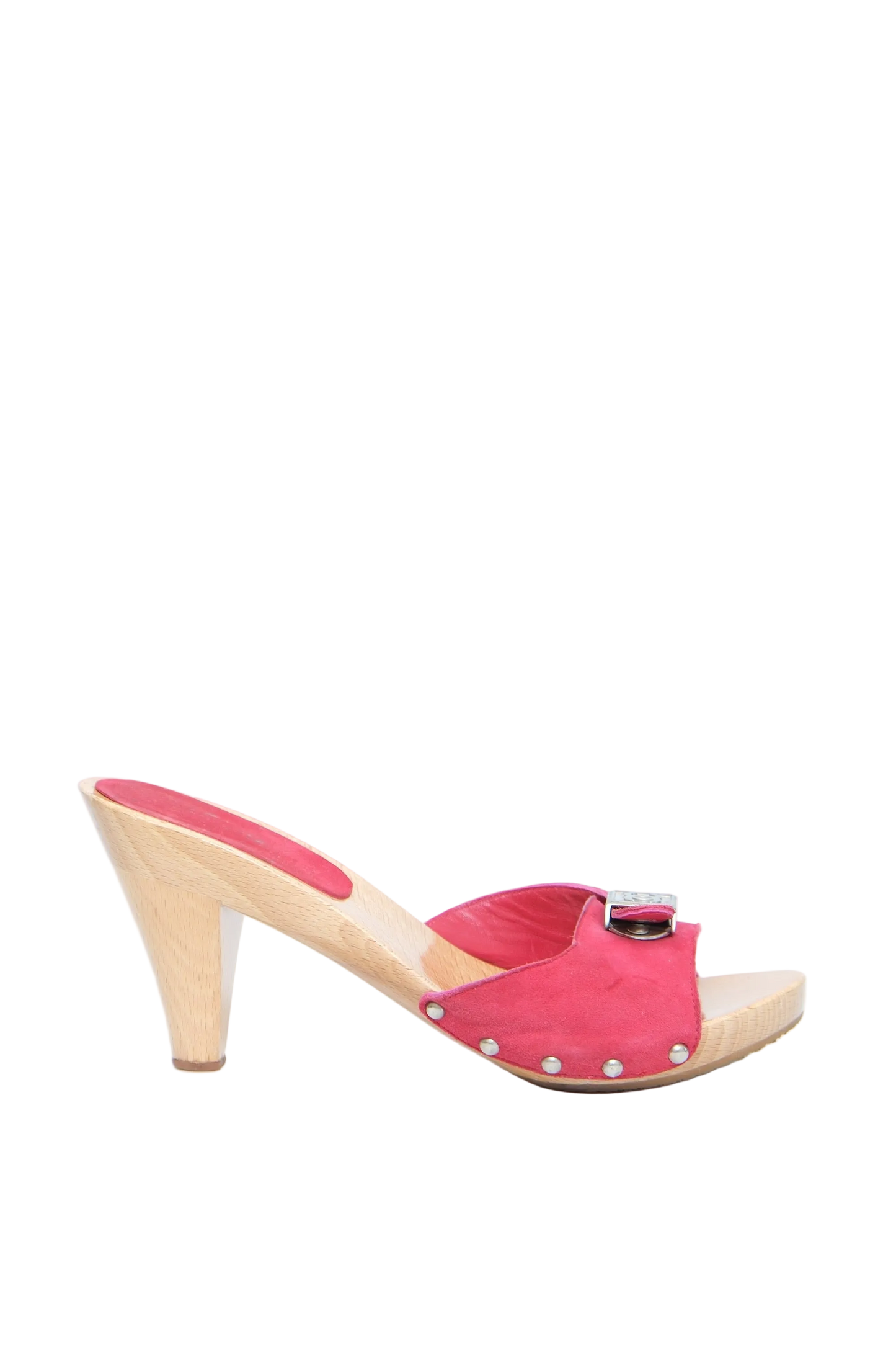 A single women's clog-style heeled sandal with a bright pink upper, light natural wood platform sole and heel, and small silver studs, shown against a plain white background.