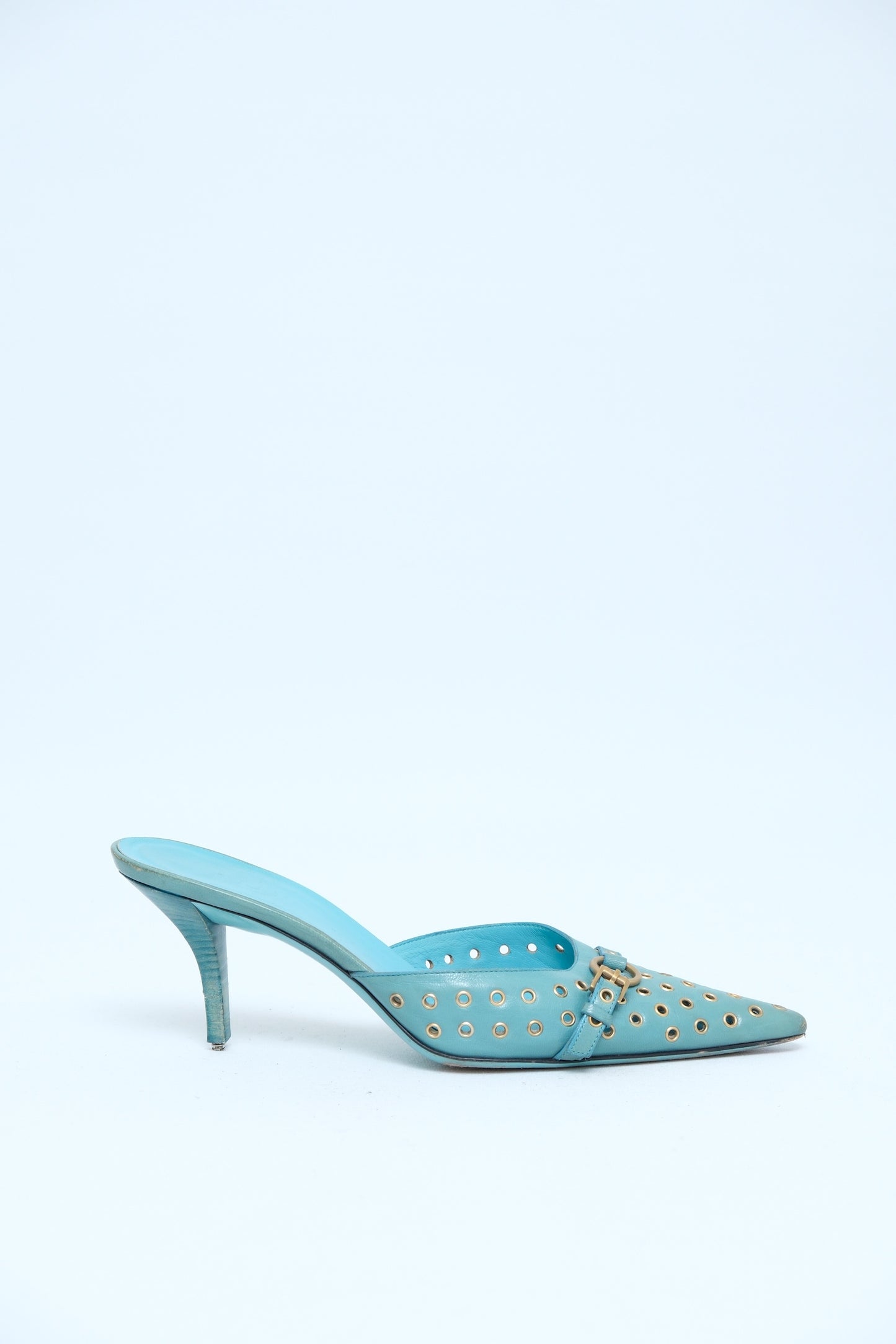 GUCCI TURQUOISE LEATHER GROMMET MULE HEELS