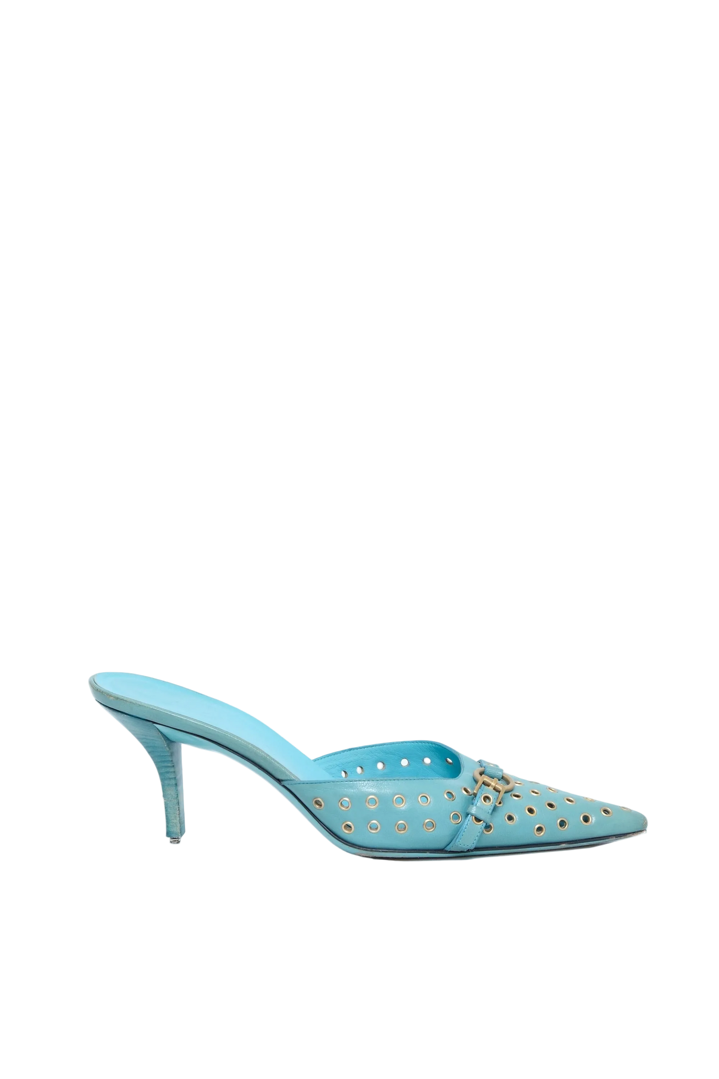 A single light blue pointed-toe mule high heel with gold-tone stud embellishments, shown in profile against a clean white background.