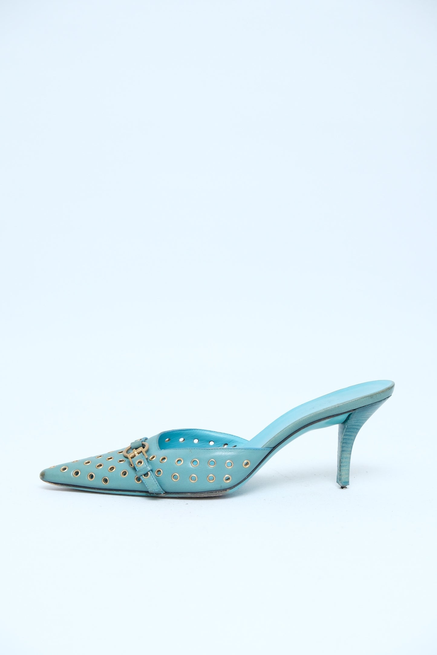 GUCCI TURQUOISE LEATHER GROMMET MULE HEELS
