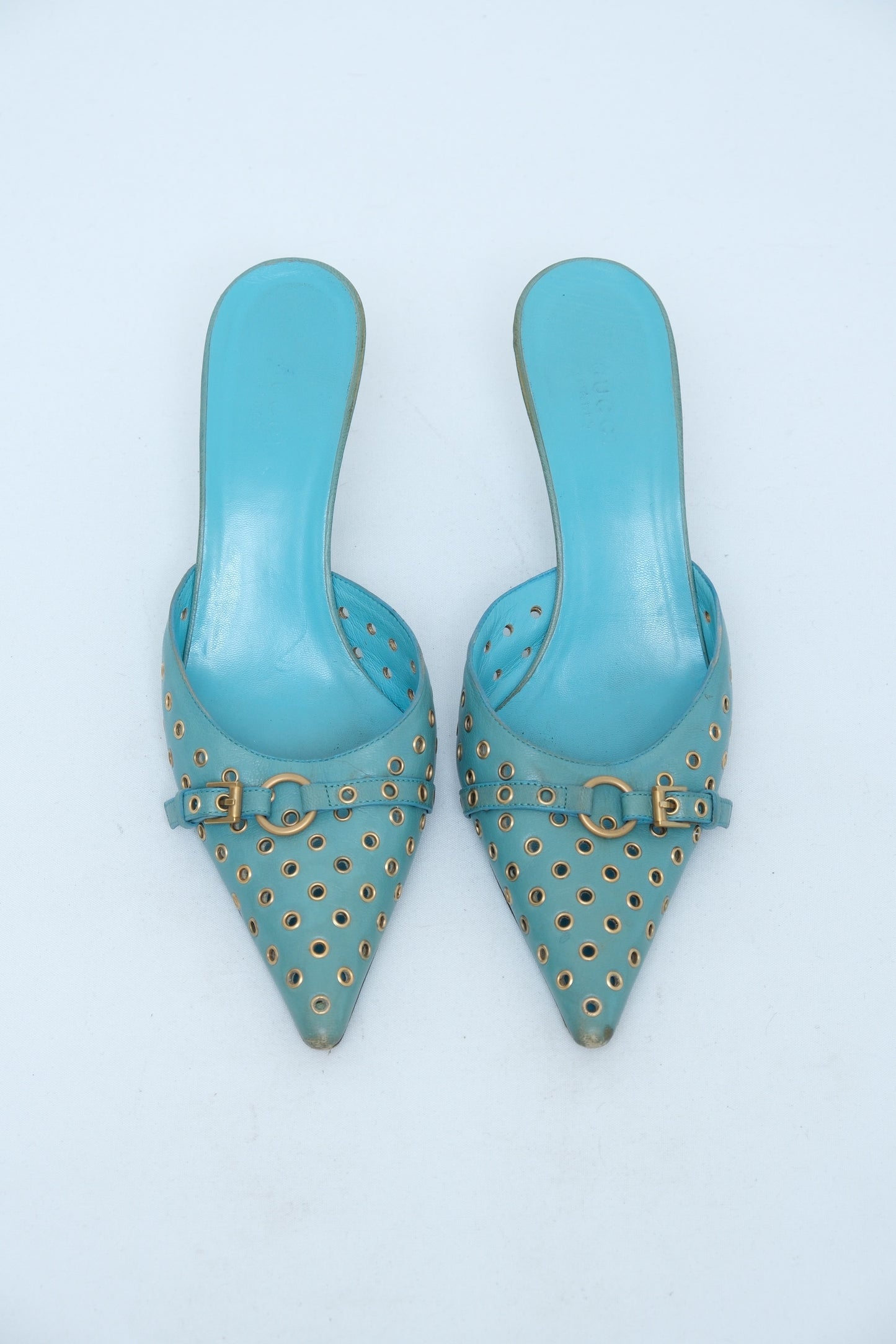GUCCI TURQUOISE LEATHER GROMMET MULE HEELS