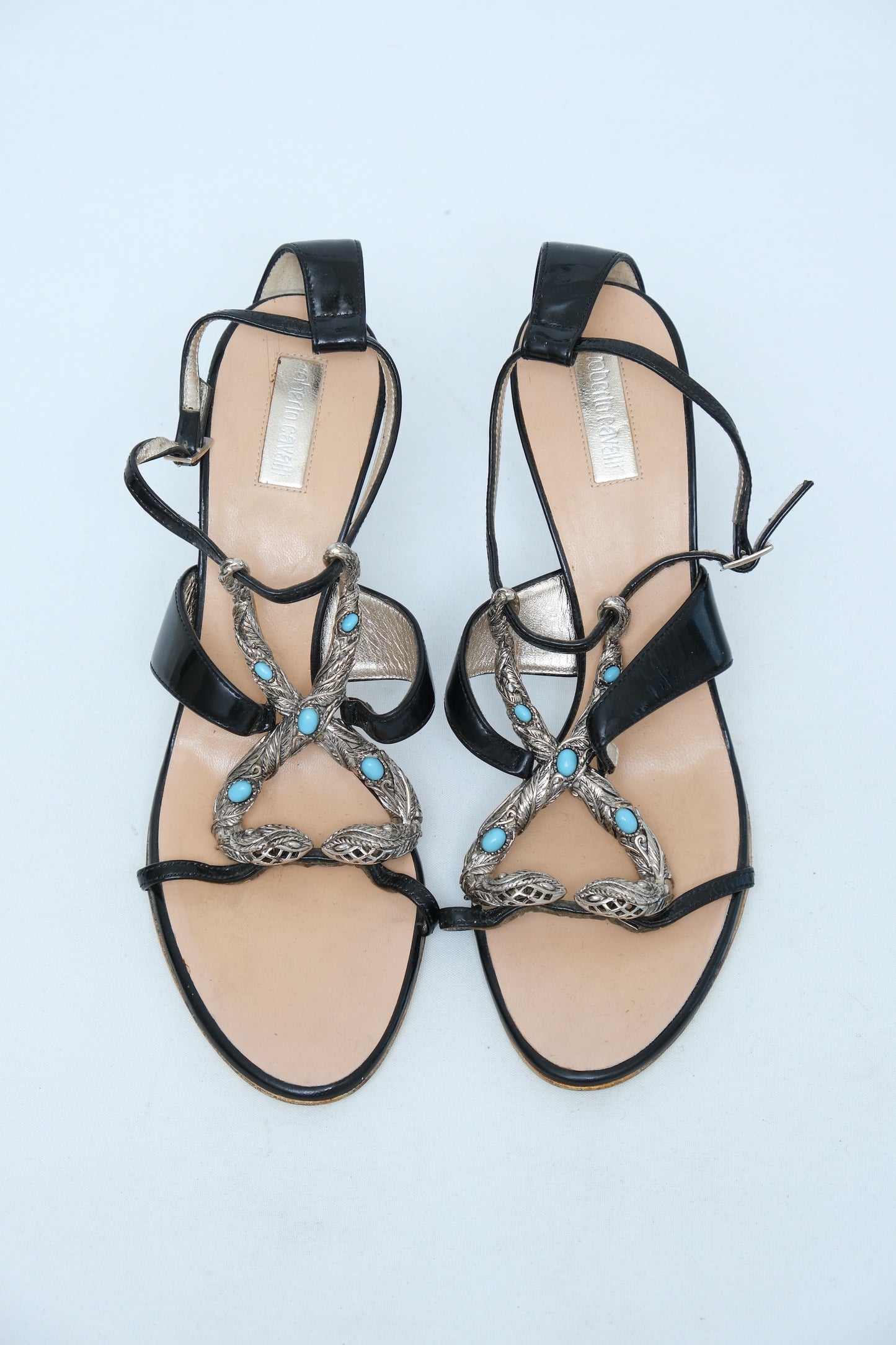 ROBERTO CAVALLI EMBELLISHED SNAKE SANDALS