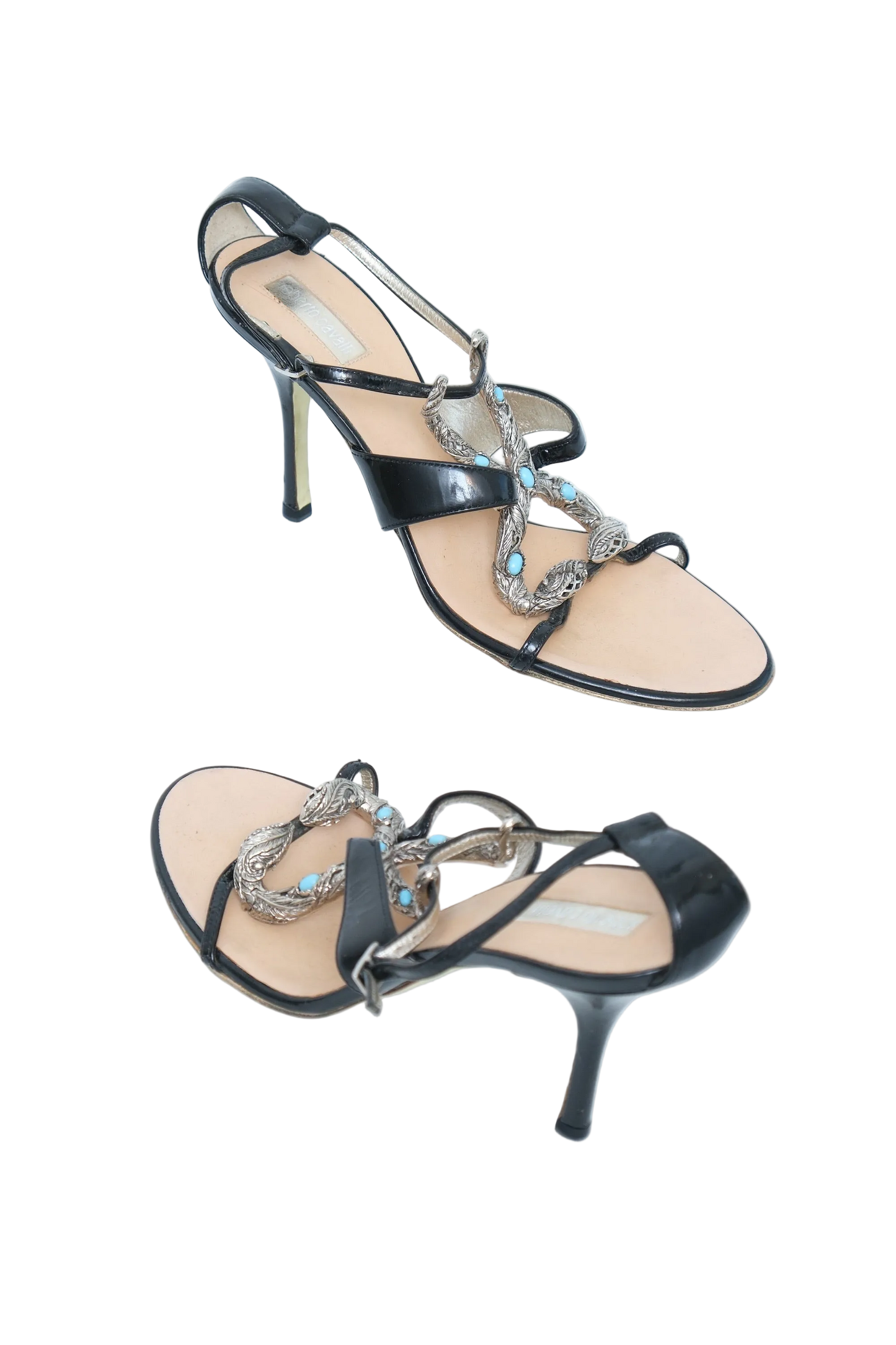 A pair of women's black leather high-heeled sandals with silver chain straps adorned with turquoise blue rhinestones, shown on a plain white background.