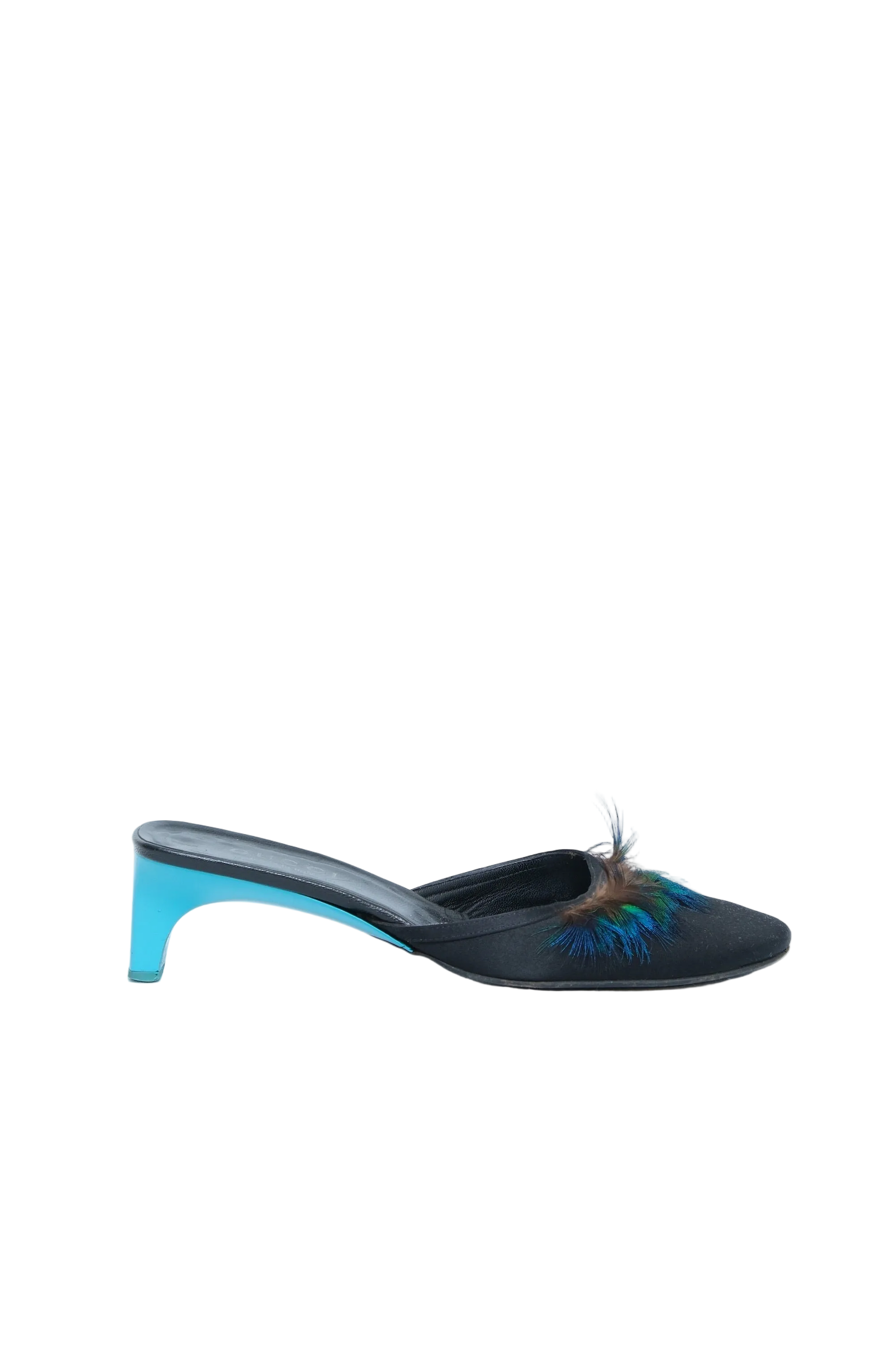 A single black mule sandal with a pointed toe, decorated with a blue and brown feather accent, and featuring a bright turquoise blue block heel, shown against a plain white background.