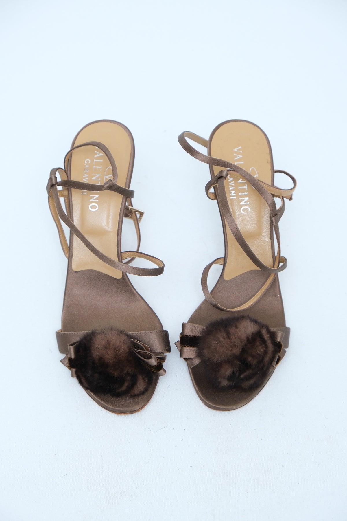 VALENTINO GARAVANI BROWN SATIN ANKLE-STRAP SANDALS
