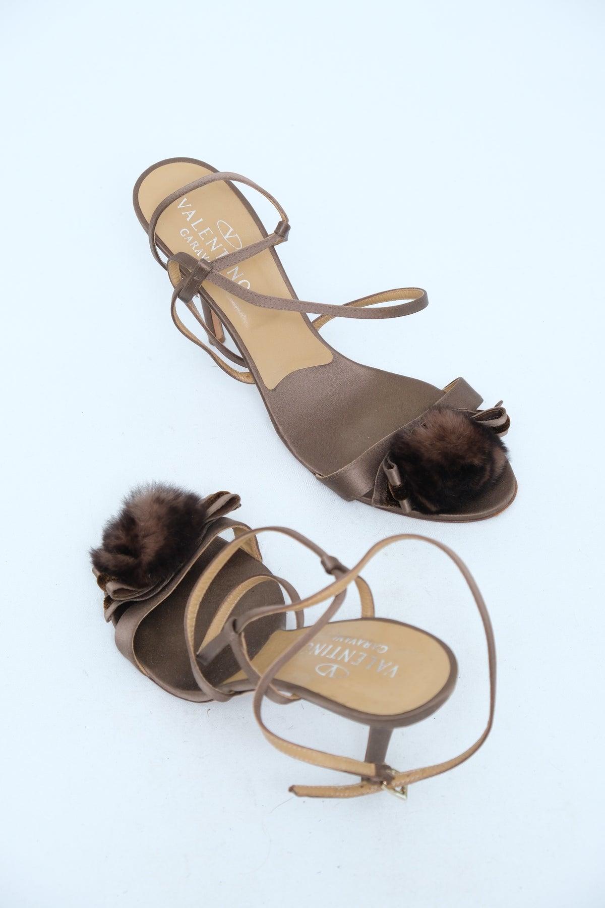 VALENTINO GARAVANI BROWN SATIN ANKLE-STRAP SANDALS