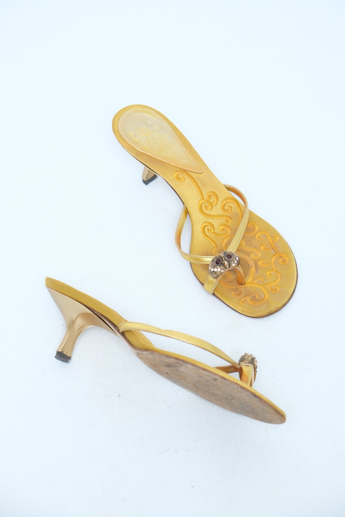 GIUSEPPE ZANOTTI GOLD SATIN OWL MULE HEELS